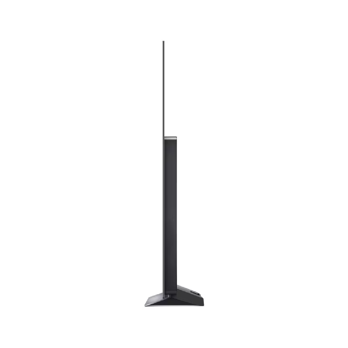 Vista lateral de TV OLED negro. Pantalla delgada, base negra.
