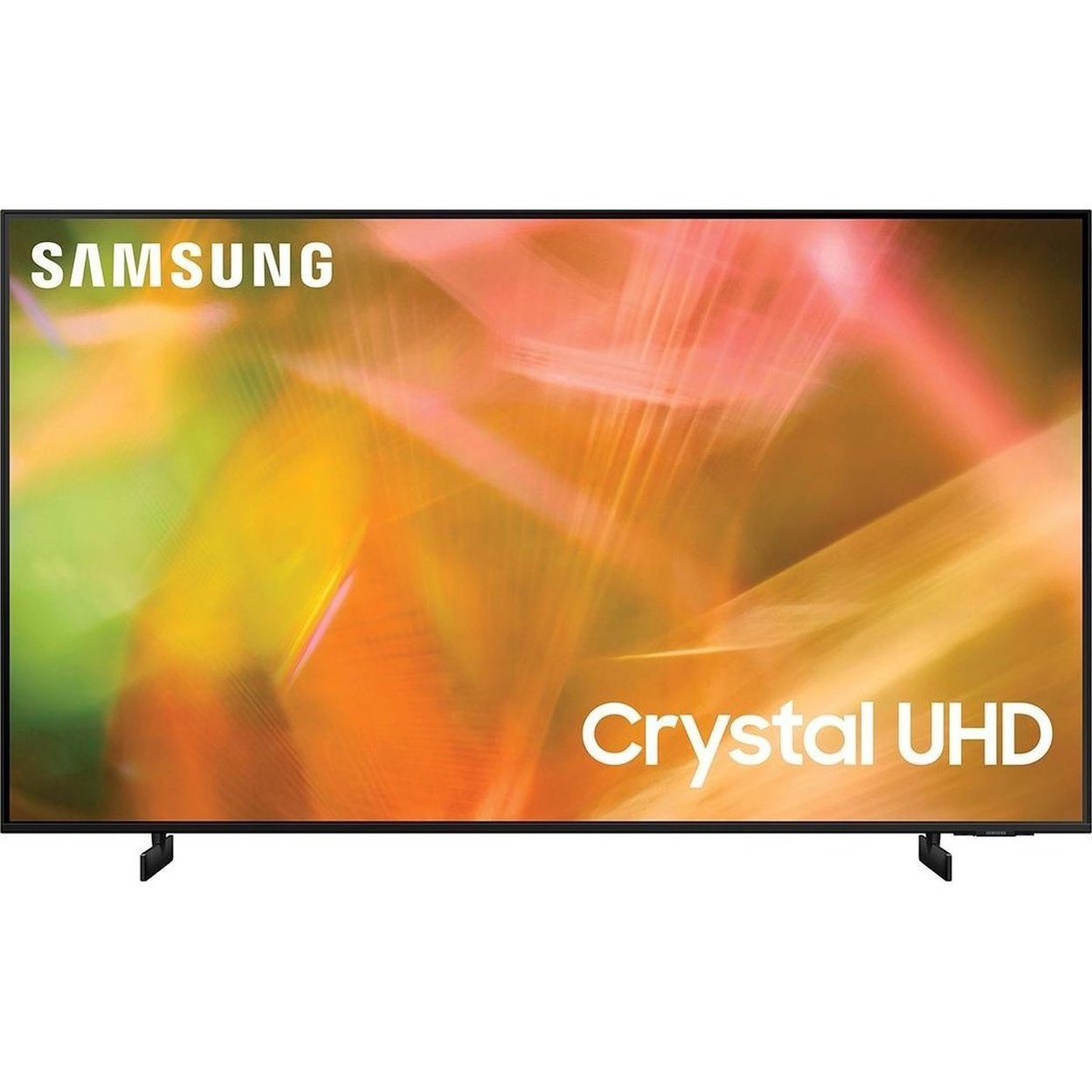 Duży telewizor Samsung Crystal UHD z płaskim ekranem i czarną ramką, wyświetlający żółto-pomarańczowe tło.