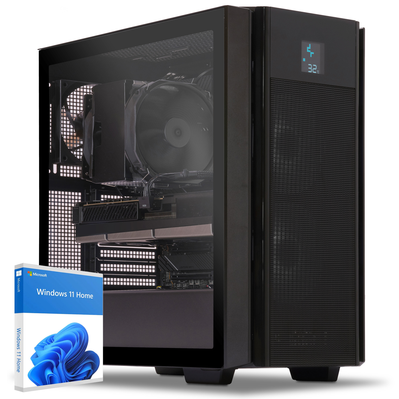 Schwarzer Gaming-PC mit Lichtern. Windows 11-Box. Glas-Seitenwand, Digitalanzeige.