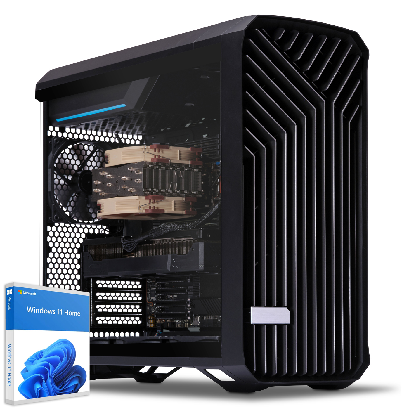 Schwarzes Computergehäuse mit Windows 11 Home-Box auf weißem Hintergrund.