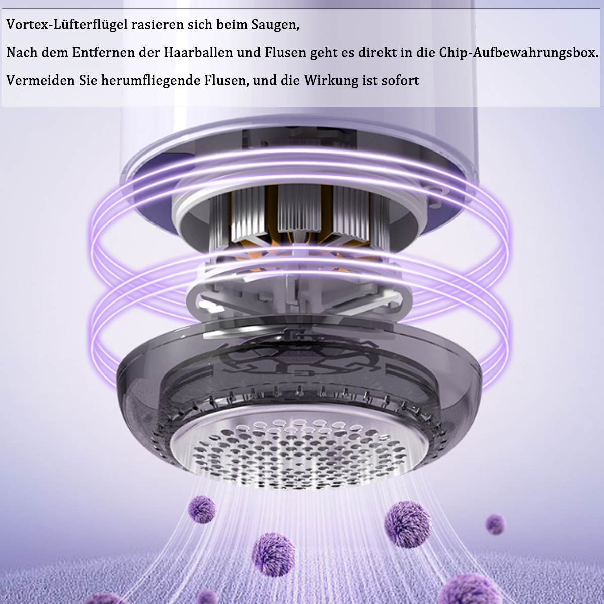 Fusselentferner mit violettem Wirbeleffekt, Details zeigen Klingen und entfernte Fusseln.