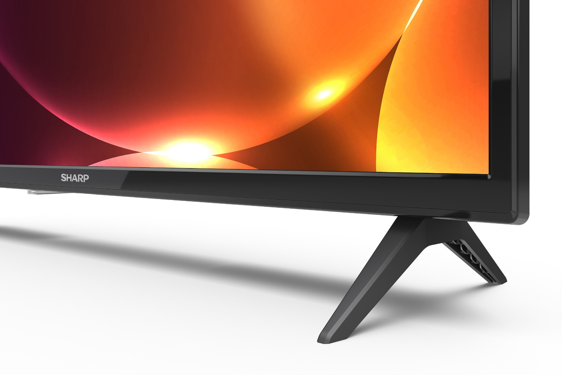 Supporto TV nero con TV nera e due gambe nere, sfondo bianco.
