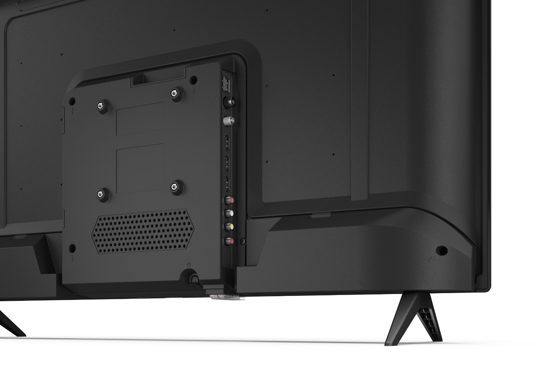Retro di una TV nera con porte e supporto. Il pannello posteriore ha vari punti di connessione.