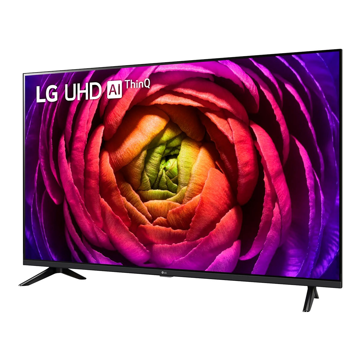 Telewizor LG UHD AI ThinQ, czarna ramka, kolorowy abstrakcyjny obraz kwiatowy na ekranie.