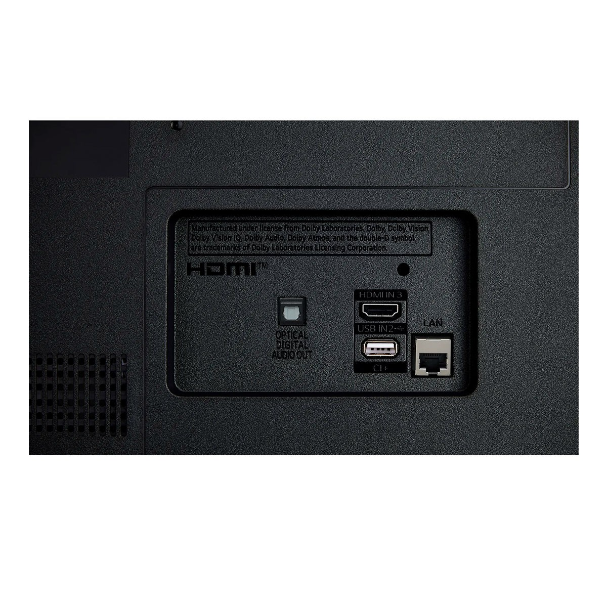 Panel tylny telewizora pokazujący porty: HDMI, USB, LAN, Optyczne wyjście audio cyfrowe.