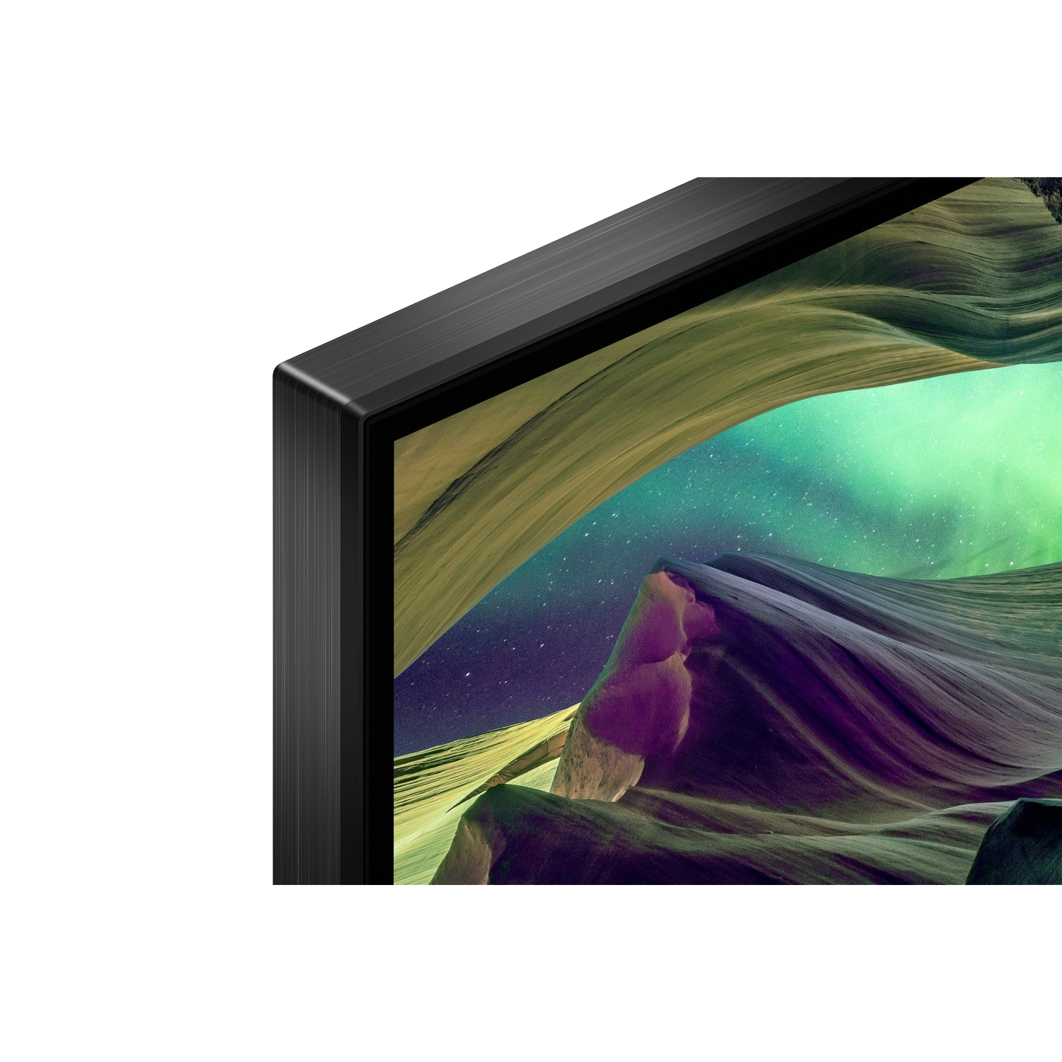 Primo piano della cornice nera di una TV con display paesaggistico.