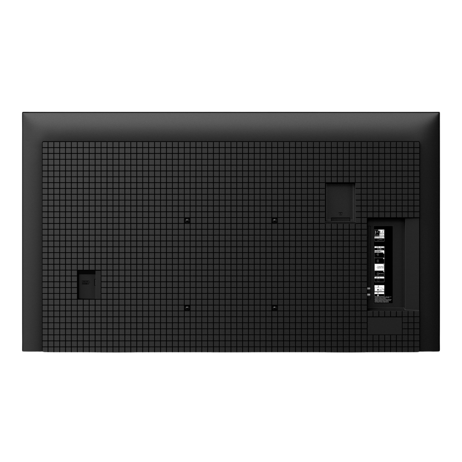 Il retro di una TV nera. Ha un motivo a griglia e varie porte di connettività.