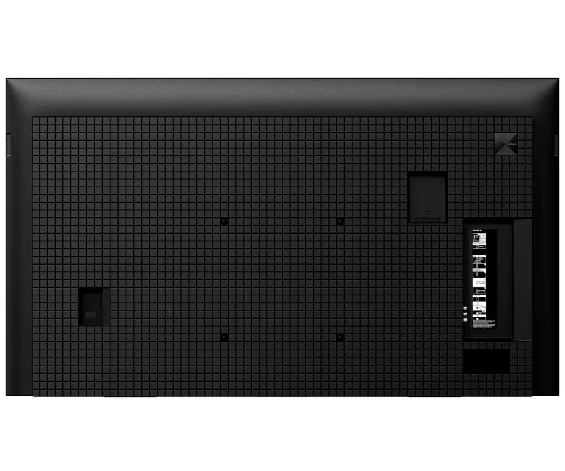 Tył czarnego telewizora. Ma strukturę siatki i wiele portów. Ekran jest czarny.