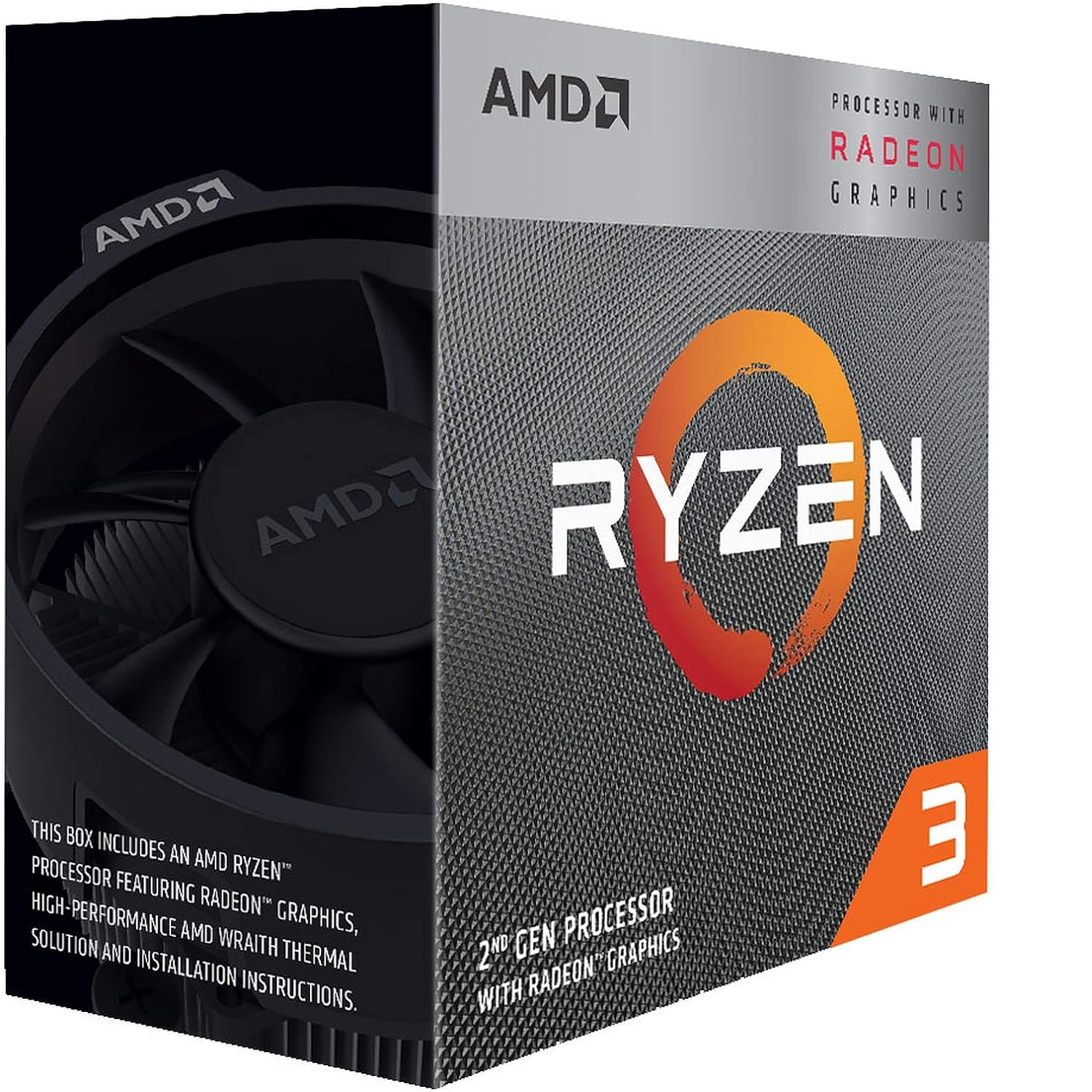 Caja del procesador AMD Ryzen 3 con gráficos Radeon. La caja es principalmente negra, naranja y gris.