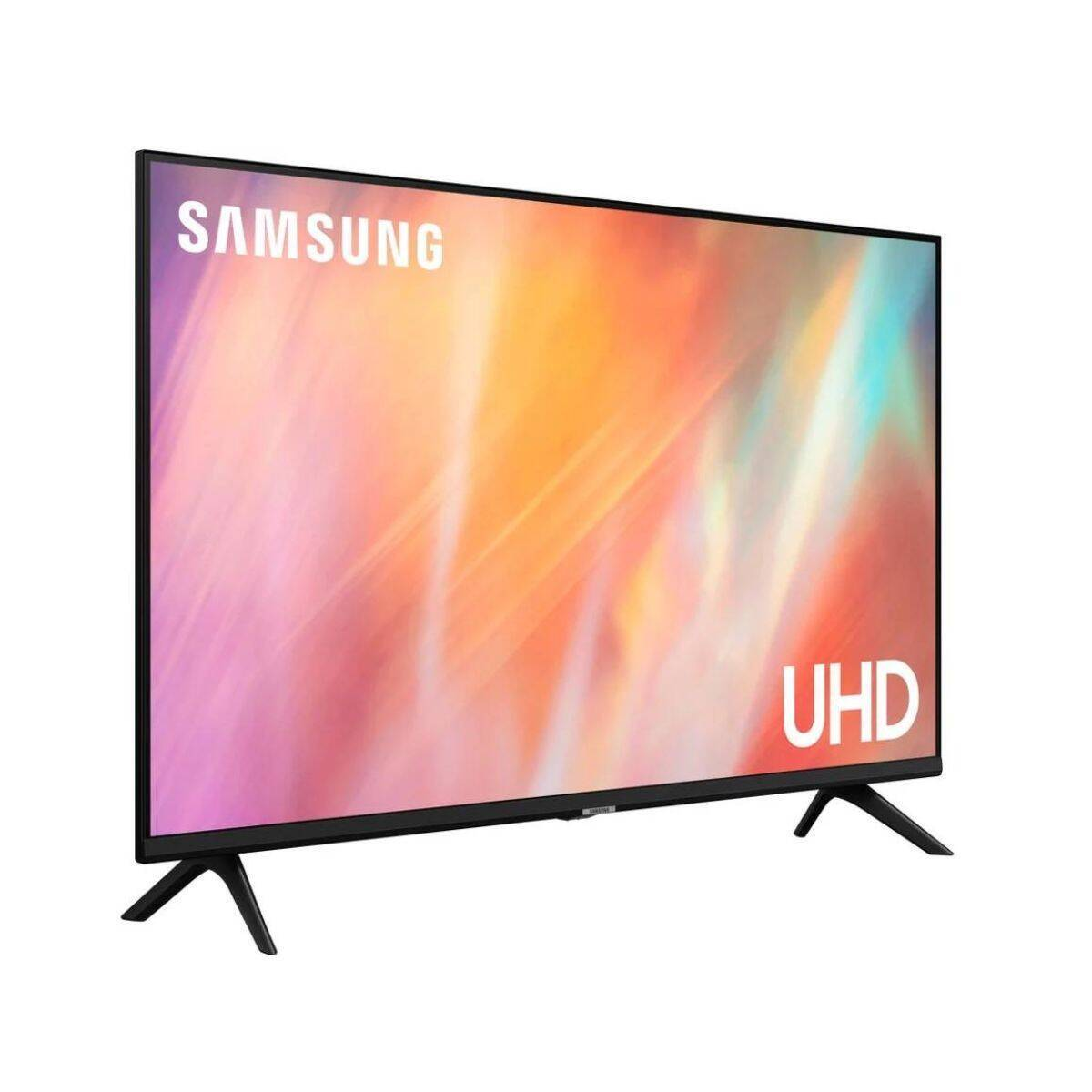 Un TV UHD Samsung su sfondo bianco, che mostra un'immagine astratta e colorata.