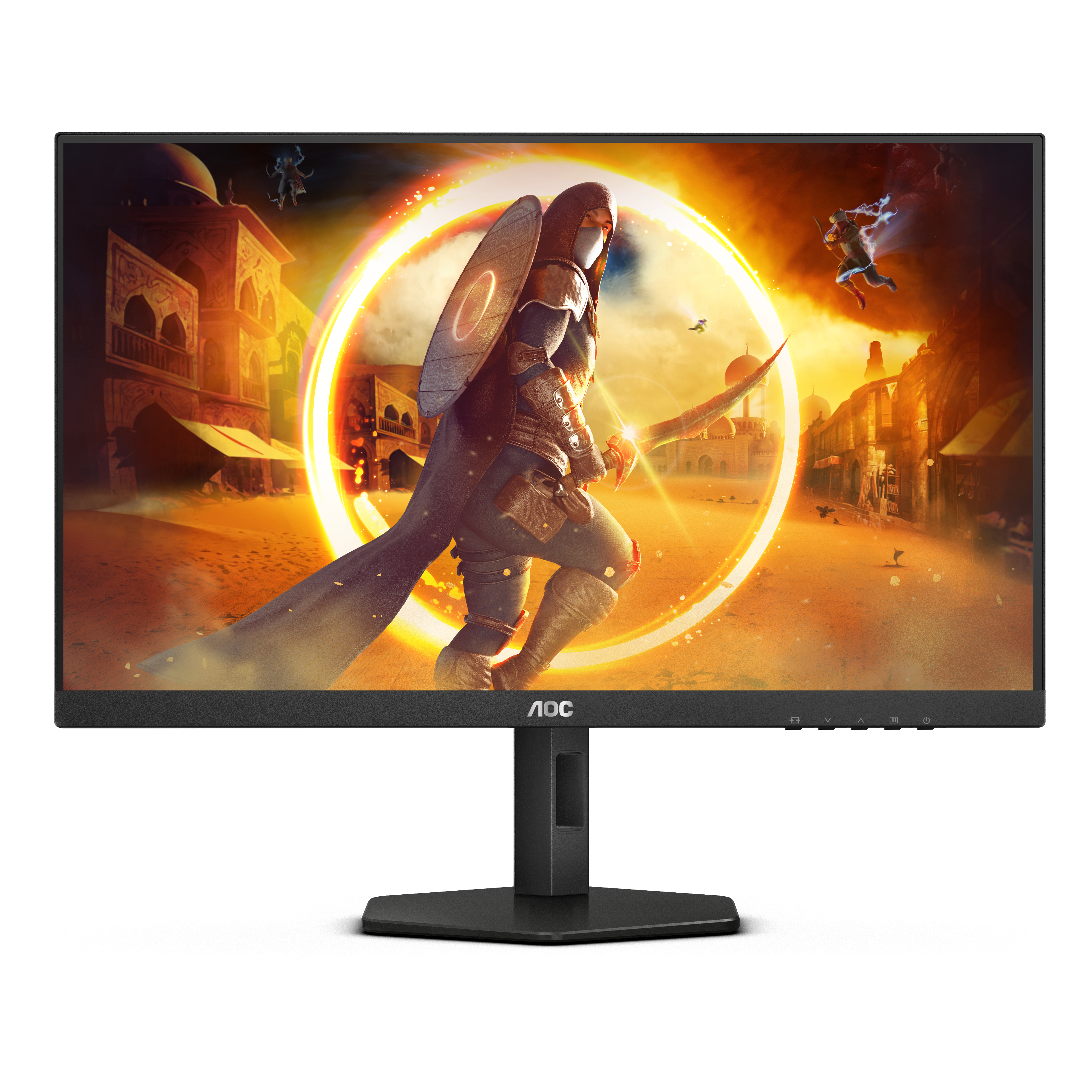 Un monitor AOC negro que muestra una escena de juego de fantasía con una figura encapuchada y una ciudad de fondo.