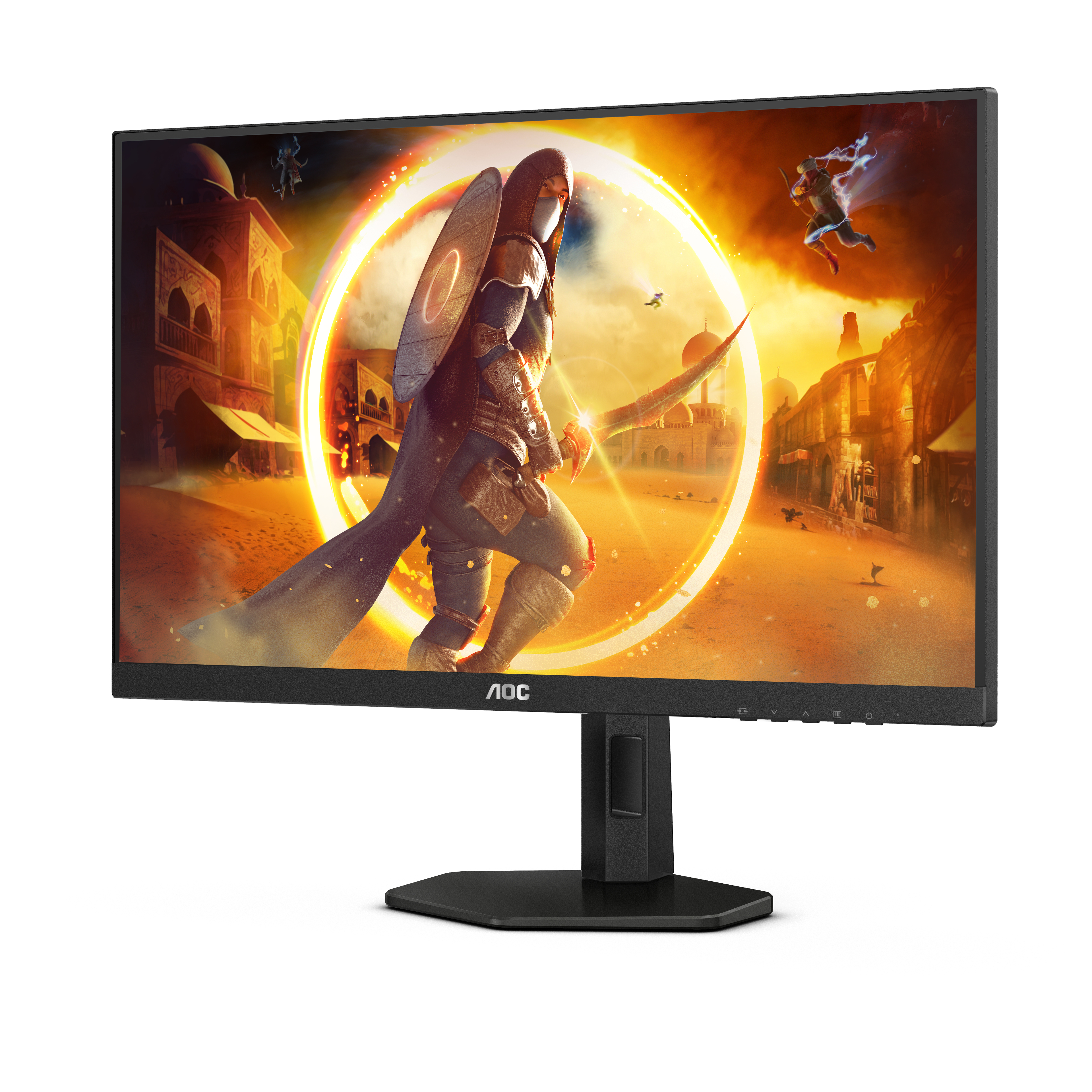 Monitor gaming, negro con escena de juego. La escena muestra un guerrero y una ciudad. Fondo blanco.