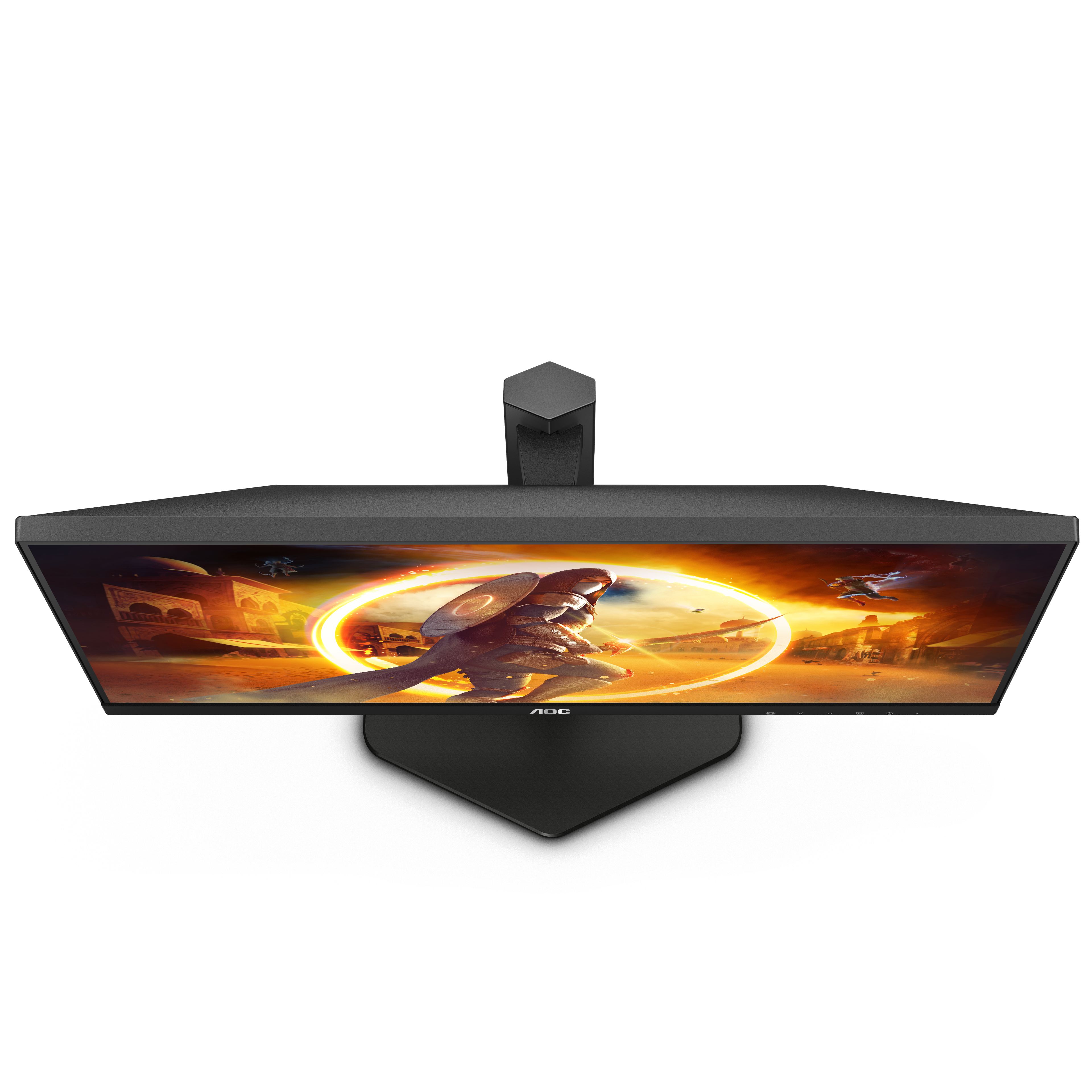 Vista cenital de un monitor negro que muestra una escena de fantasía. El monitor está sobre un soporte.