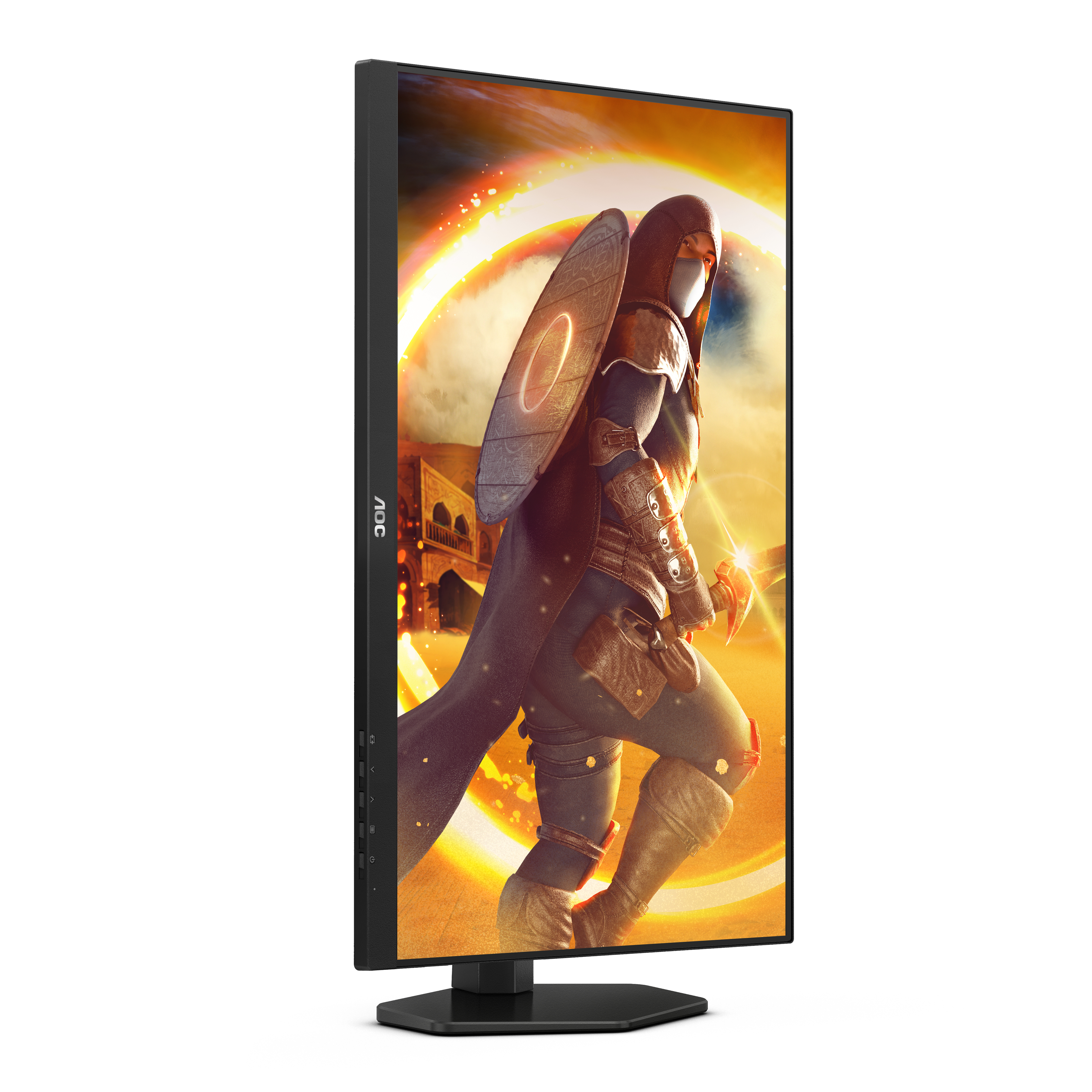 Monitor de juegos con marco negro, que muestra un personaje con armadura y escudo.
