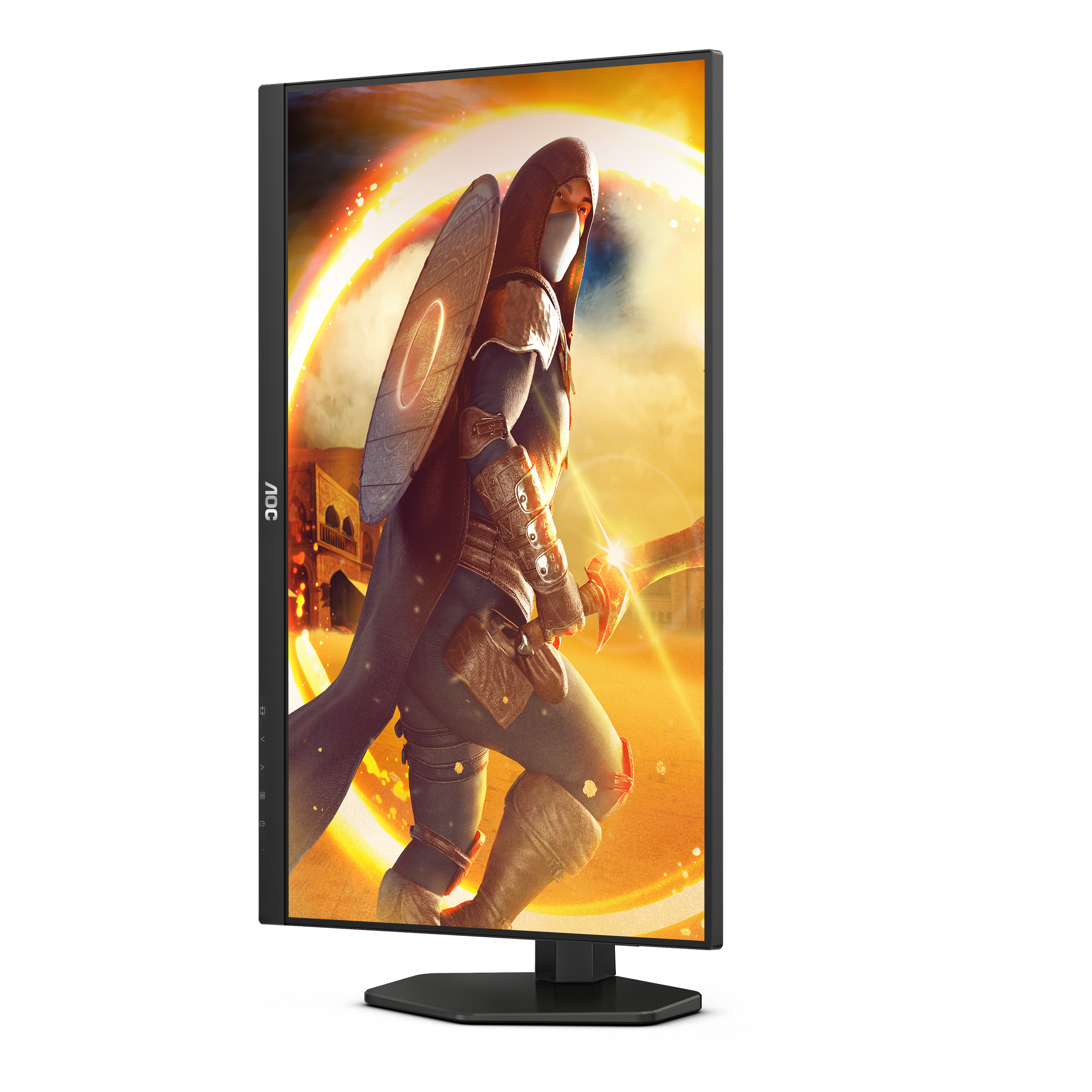 Monitor AOC mostrando un personaje de juego con arma y armadura. Fondo con brillo intenso.