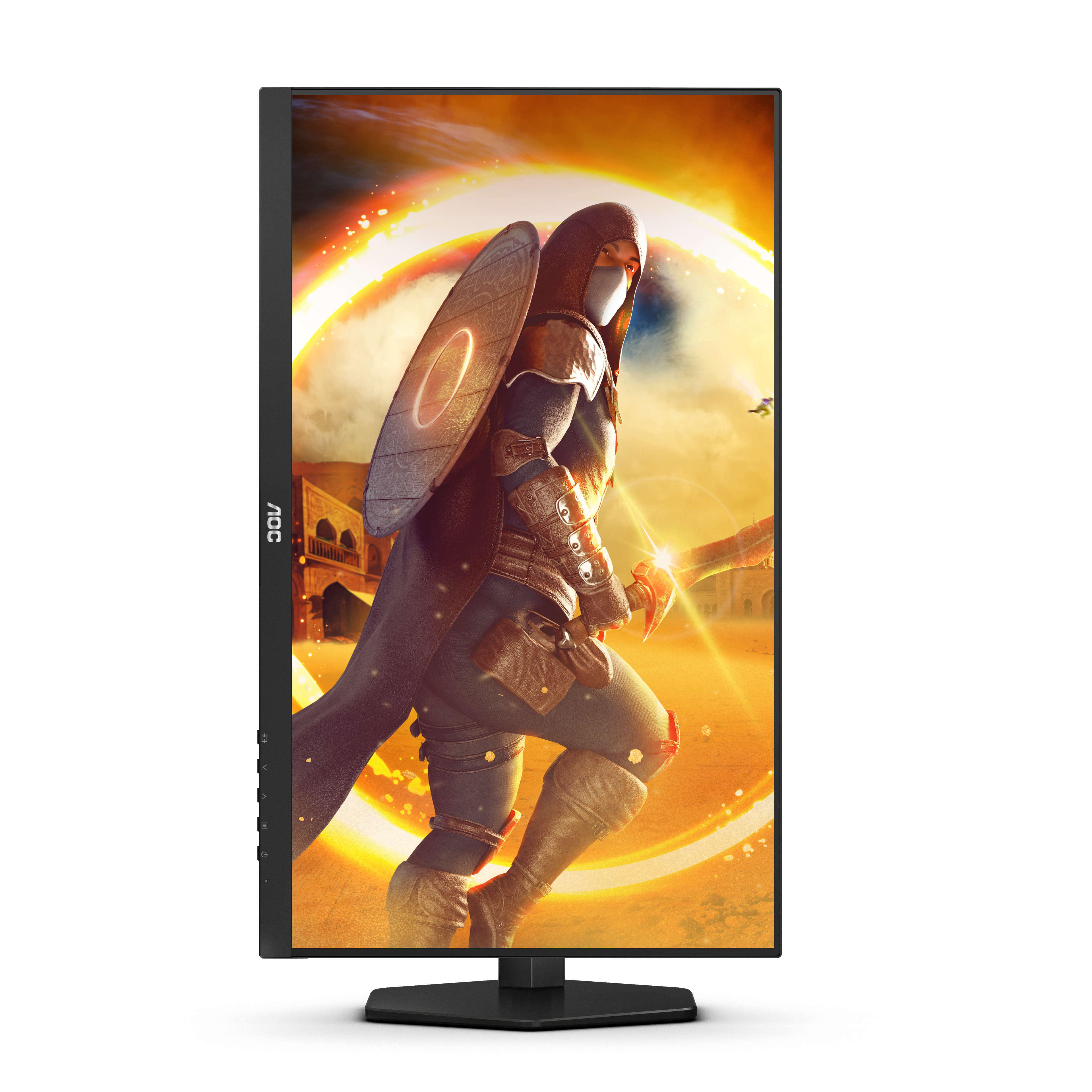 Monitor AOC con escena de juego. Un personaje con armadura corre con una espada.