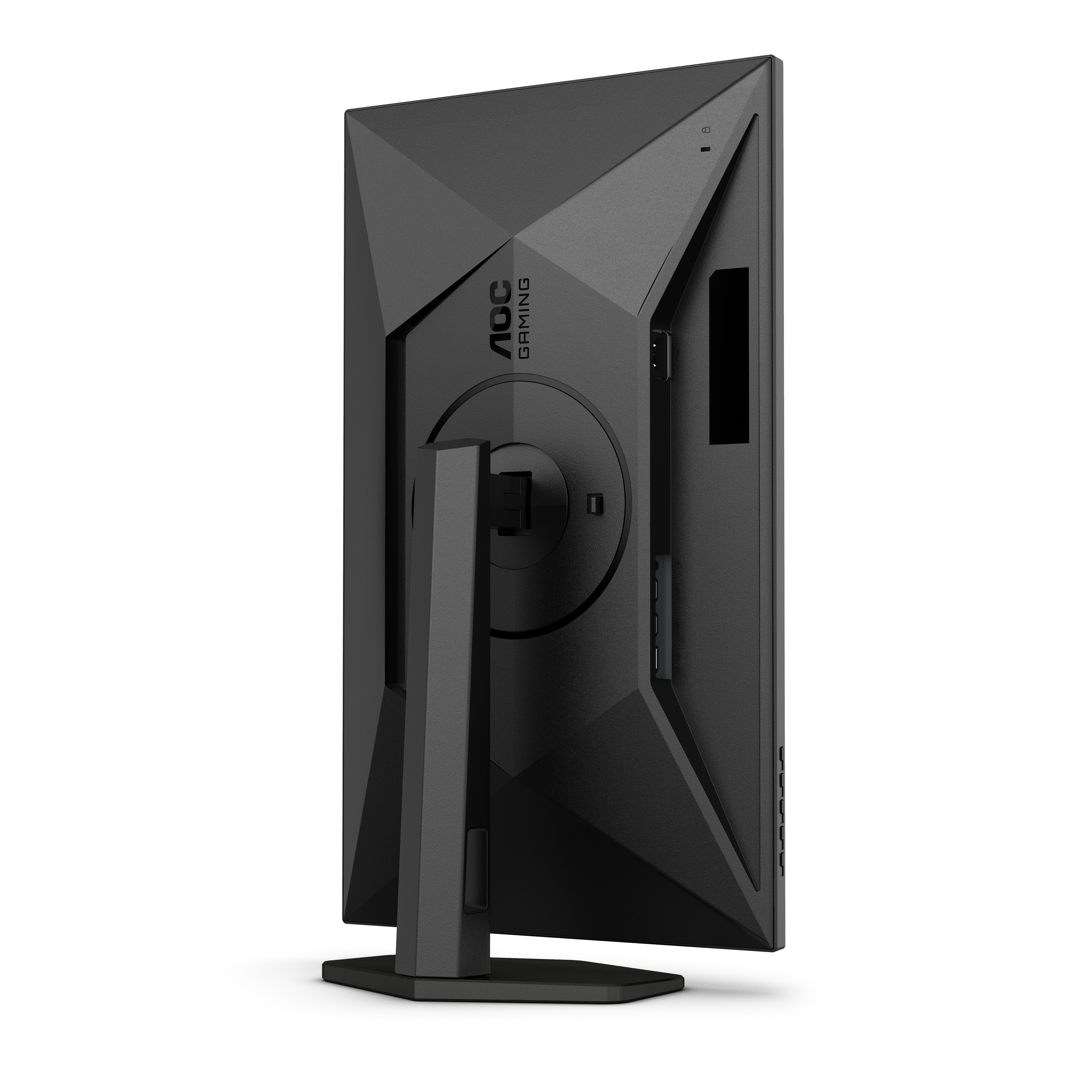 Monitor negro con soporte, vista lateral. La pantalla es negra. La parte trasera del monitor es visible.