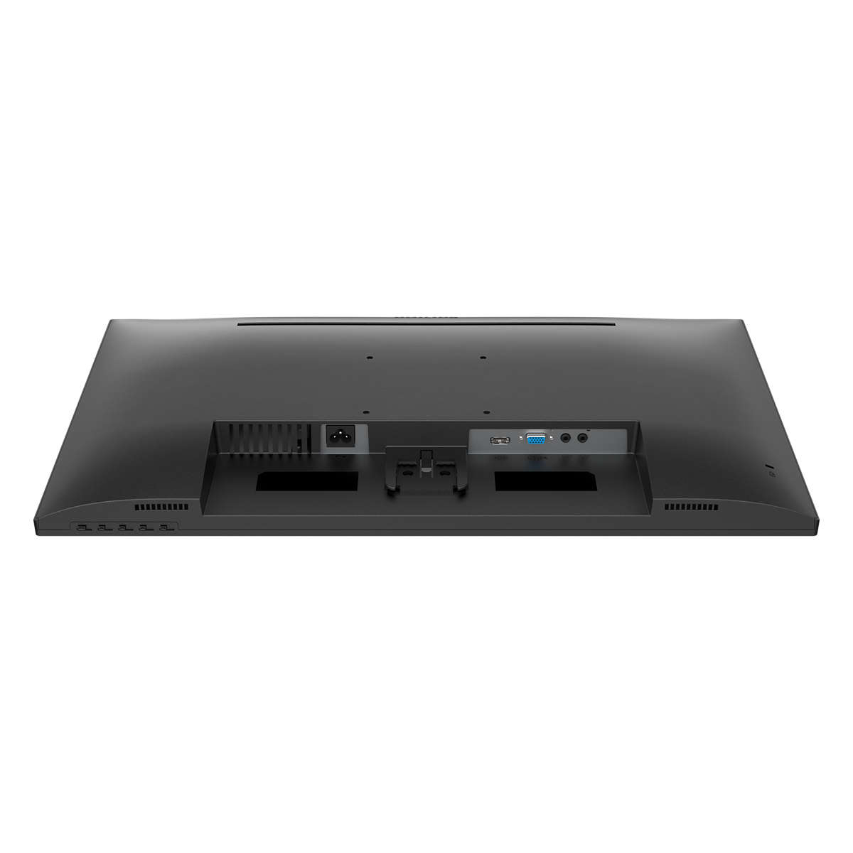 Parte trasera de un monitor de computadora negro con puertos y conexiones.