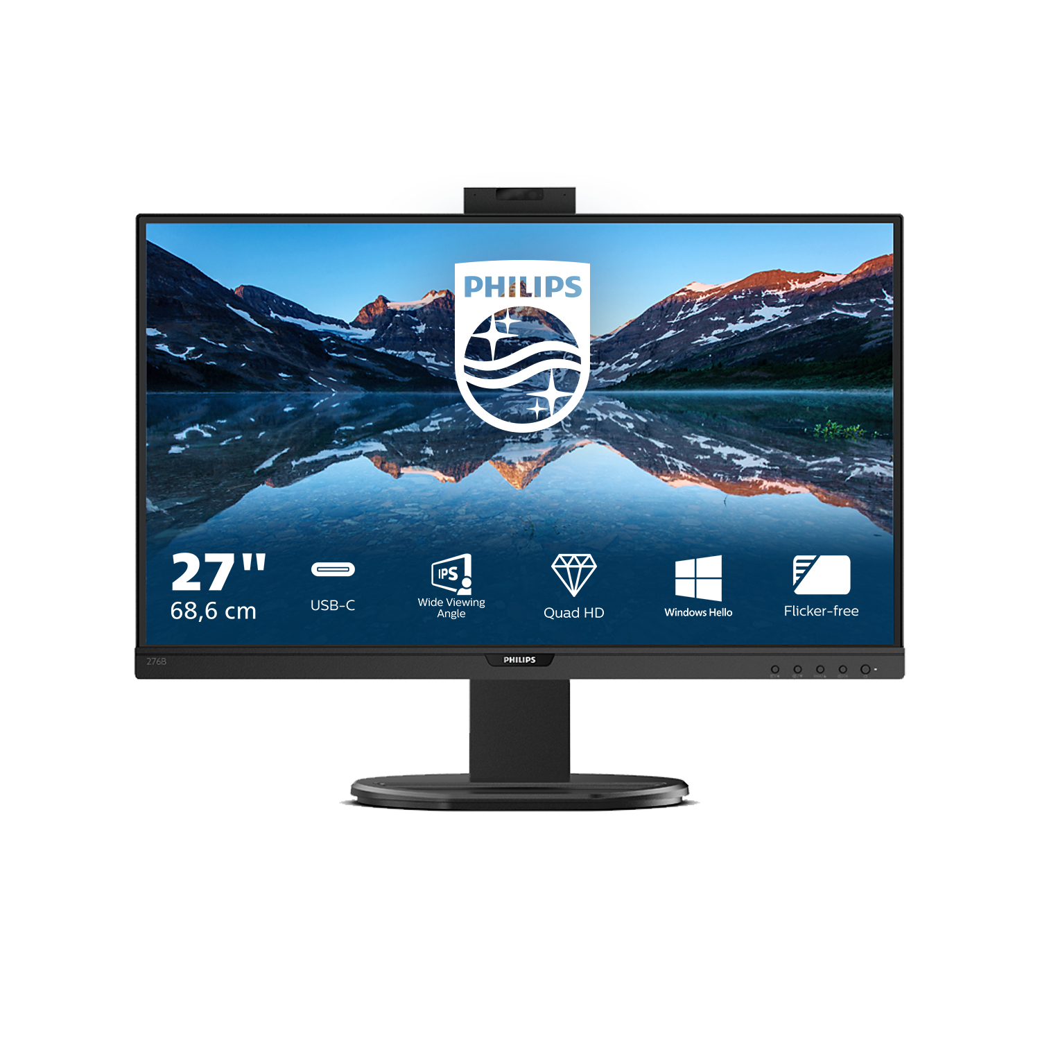 Monitor Philips de 27" con webcam. Montañas en pantalla. Características: USB-C, Quad HD y Windows Hello.