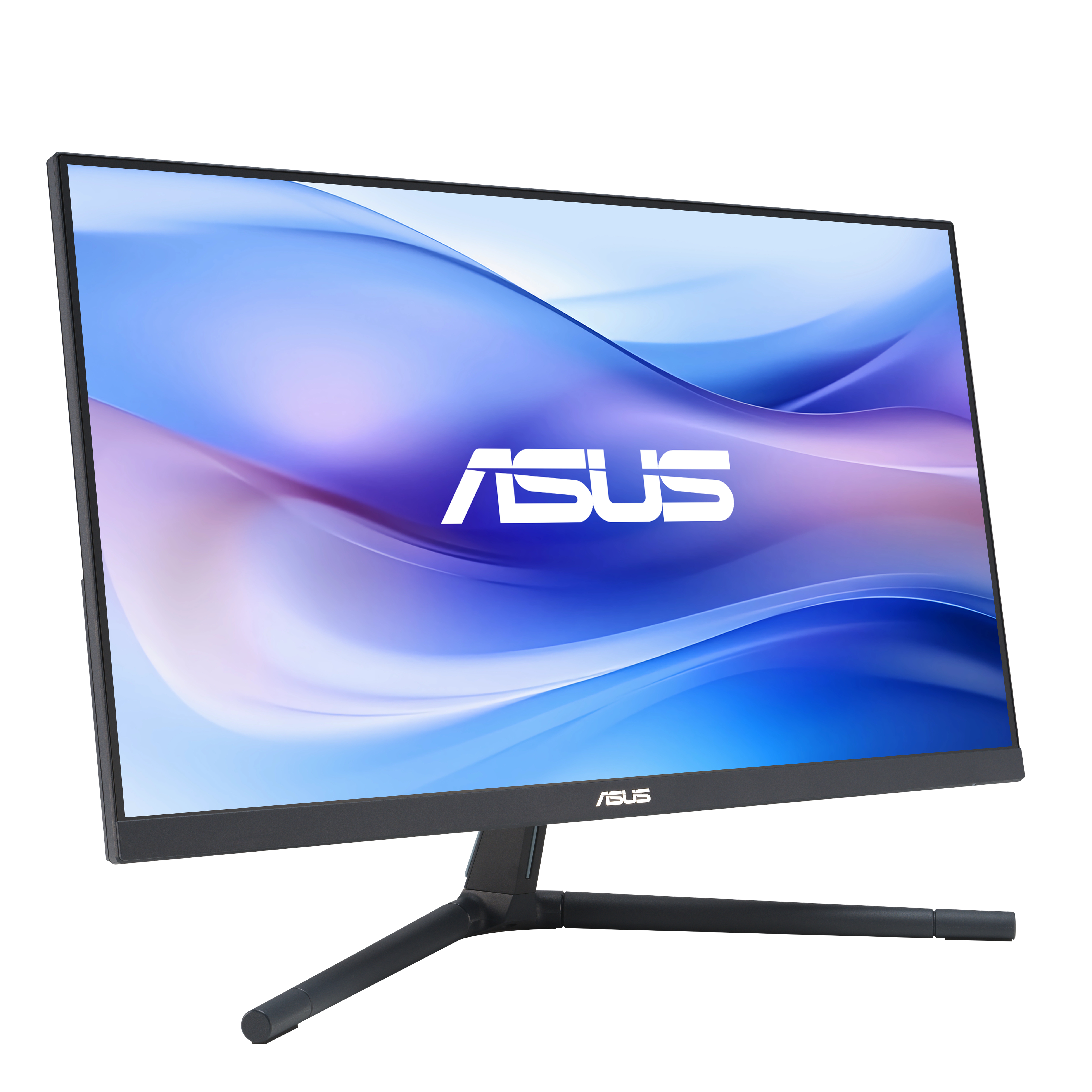 Monitor ASUS z czarną ramką, pokazujący niebiesko-fioletową grafikę.
