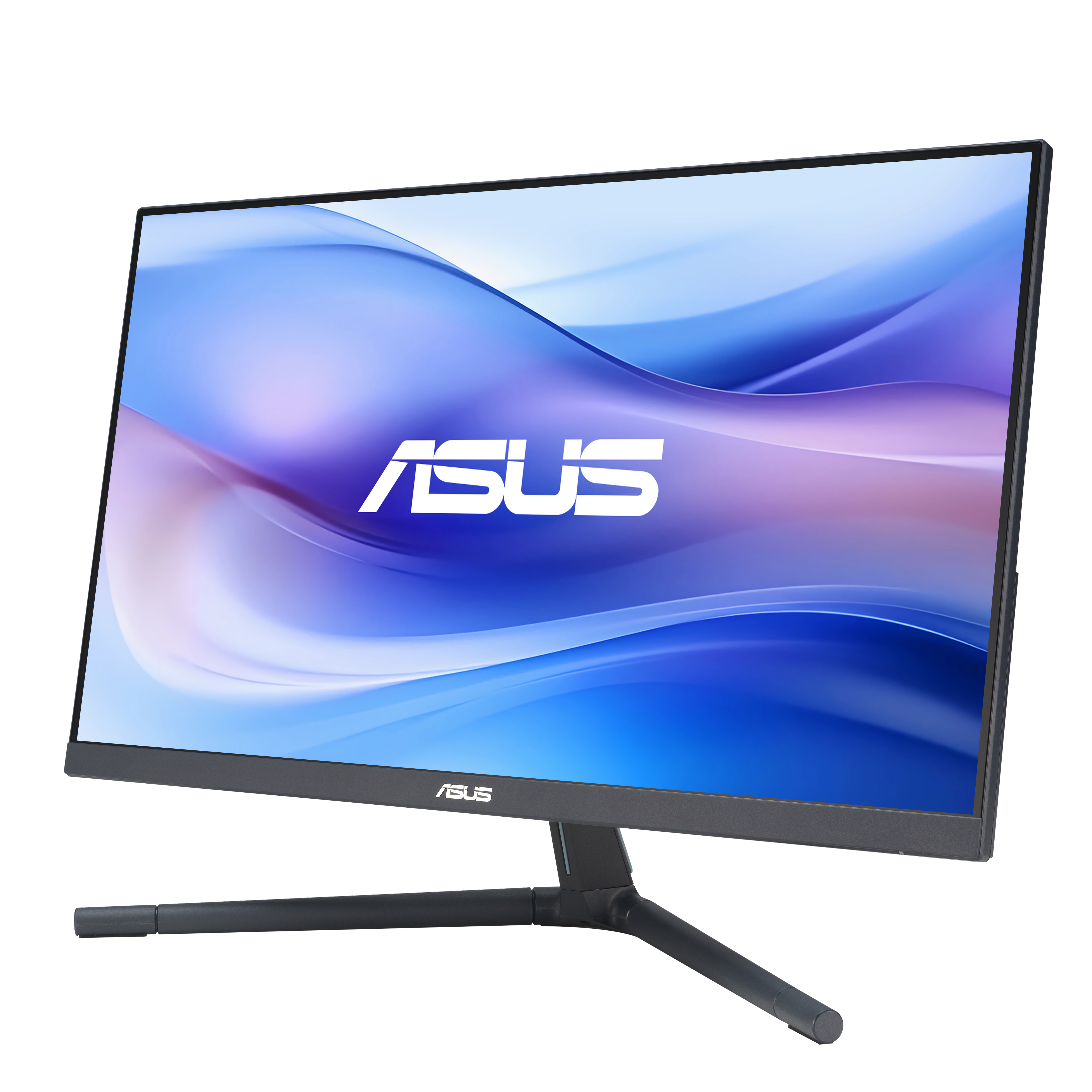 Monitor Asus ze stojakiem, wyświetlający kolorowe abstrakcyjne tło.