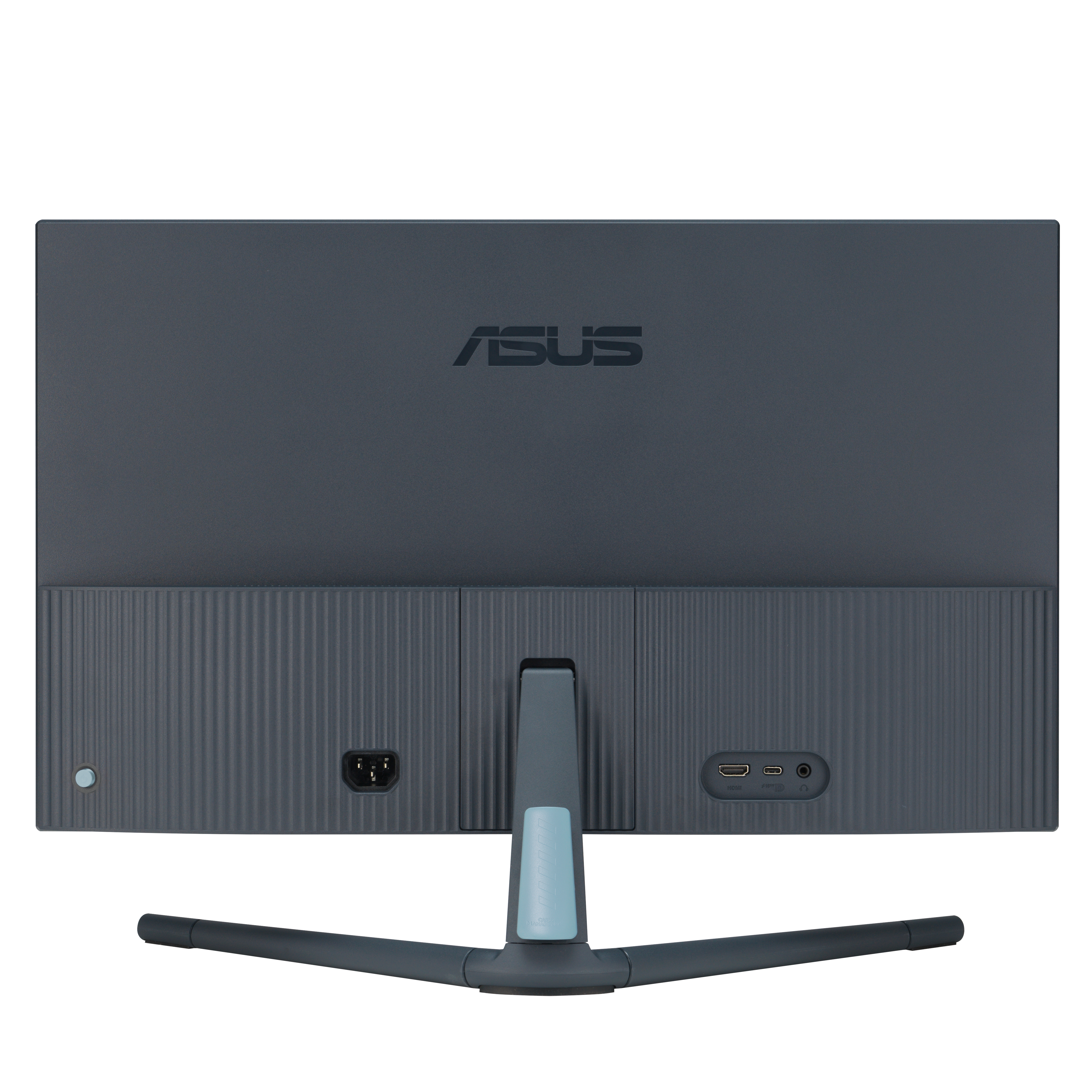 Tył monitora ASUS. Jest ciemnoszary z kilkoma portami i logo ASUS u góry.