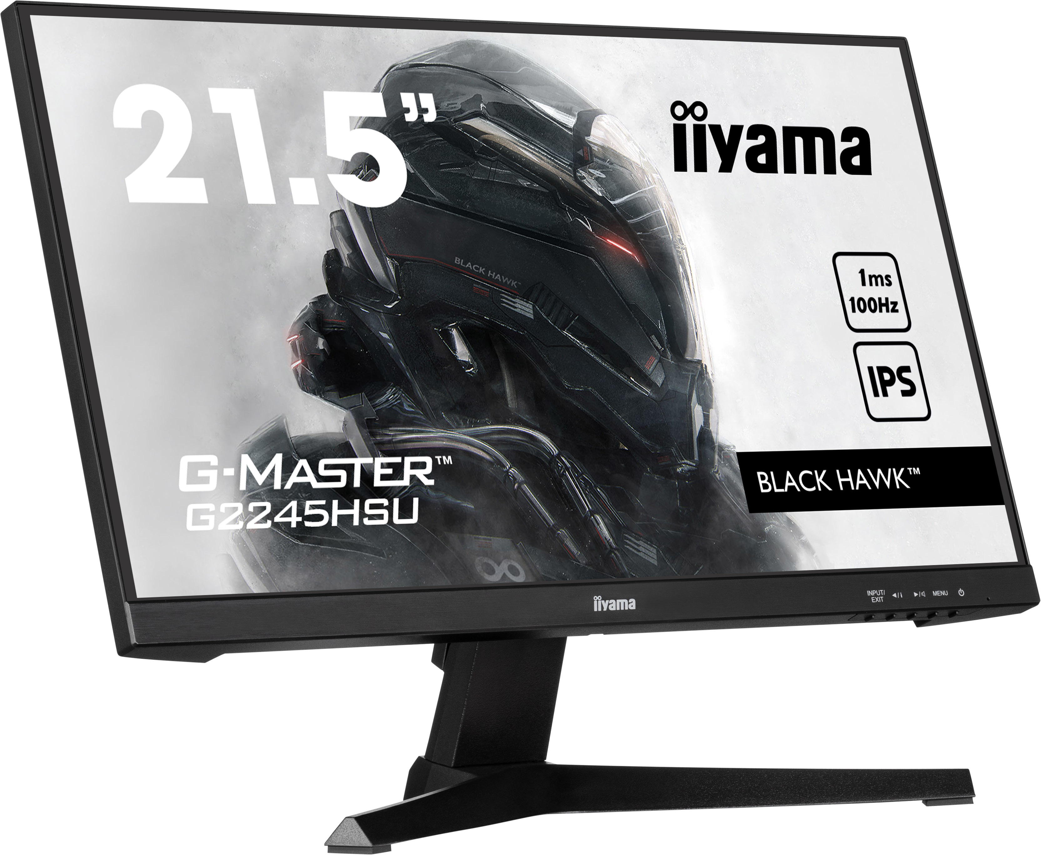 Un moniteur noir avec un support noir. Le texte à l'écran dit 'BLACK HAWK' et '21.5"'.