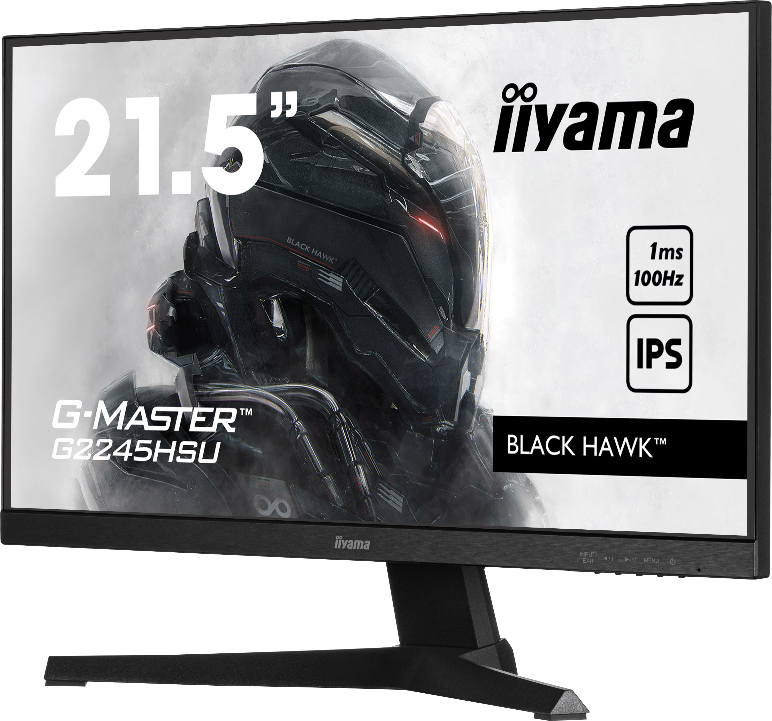 Moniteur noir de 21,5", marque iiyama. Il a un support noir et du texte blanc.