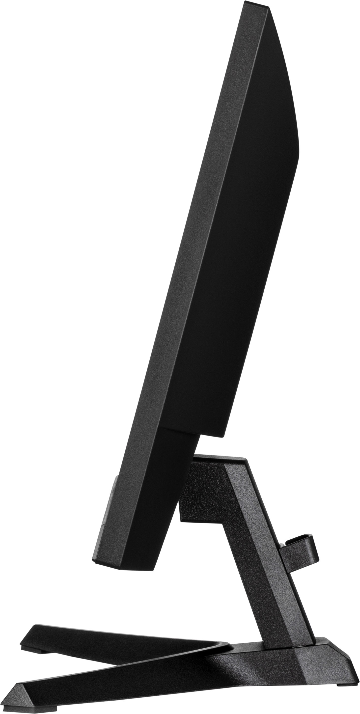 Un écran d'ordinateur noir. Il a un support et est vu de côté. L'écran est noir.