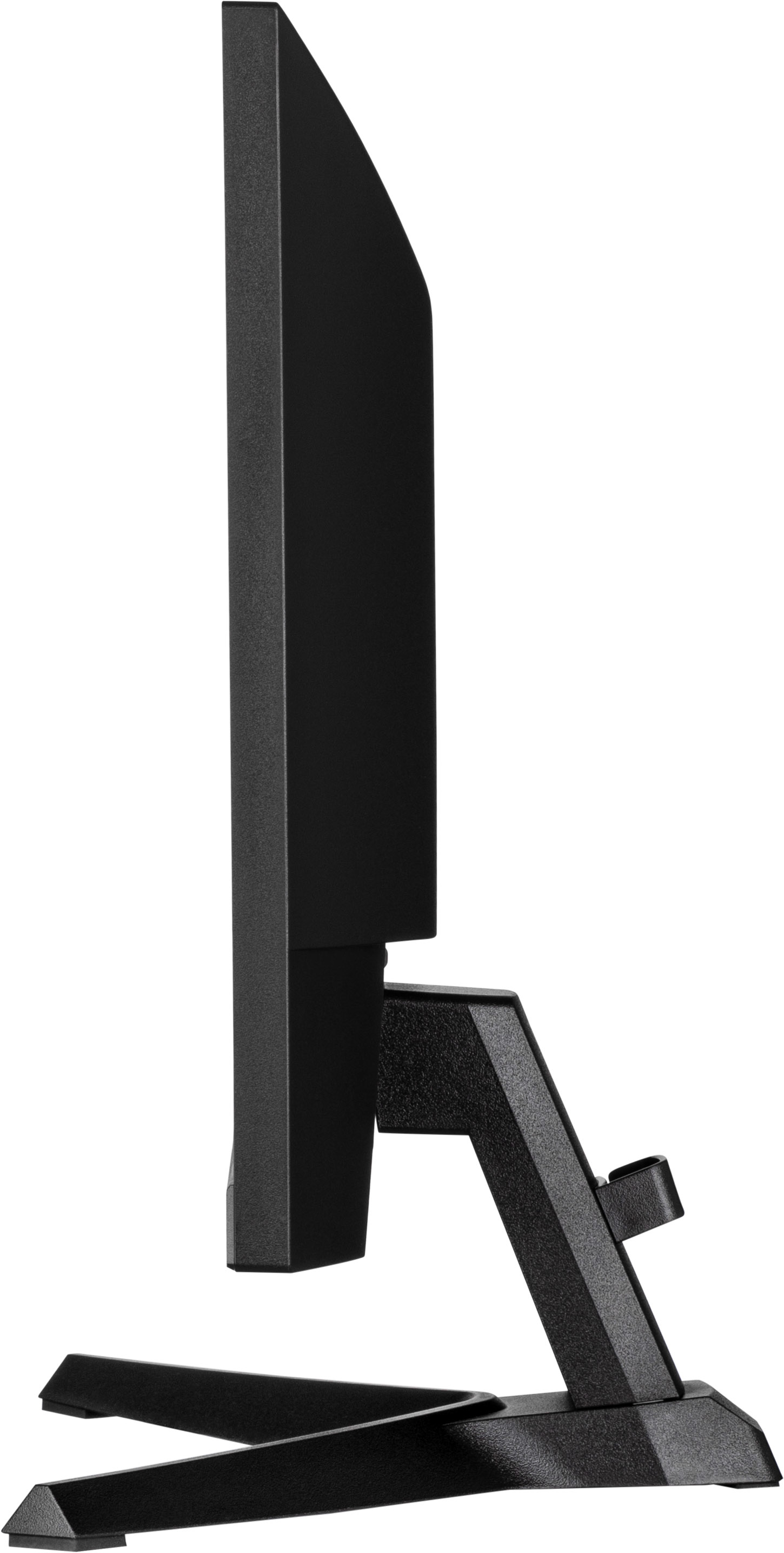 Moniteur d'ordinateur noir, vue latérale. Support incliné, cadre fin, écran noir.