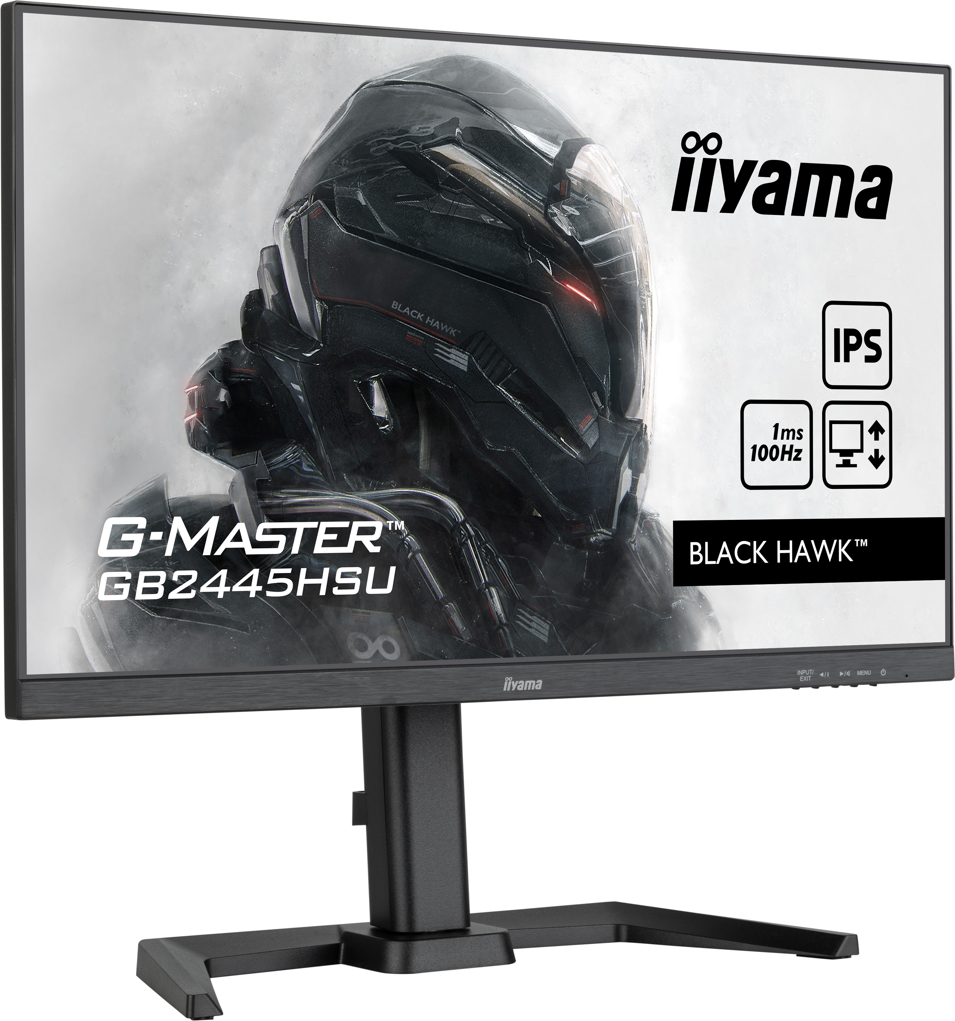 A black computer monitor showing a game scene, with brand and spec details visible.