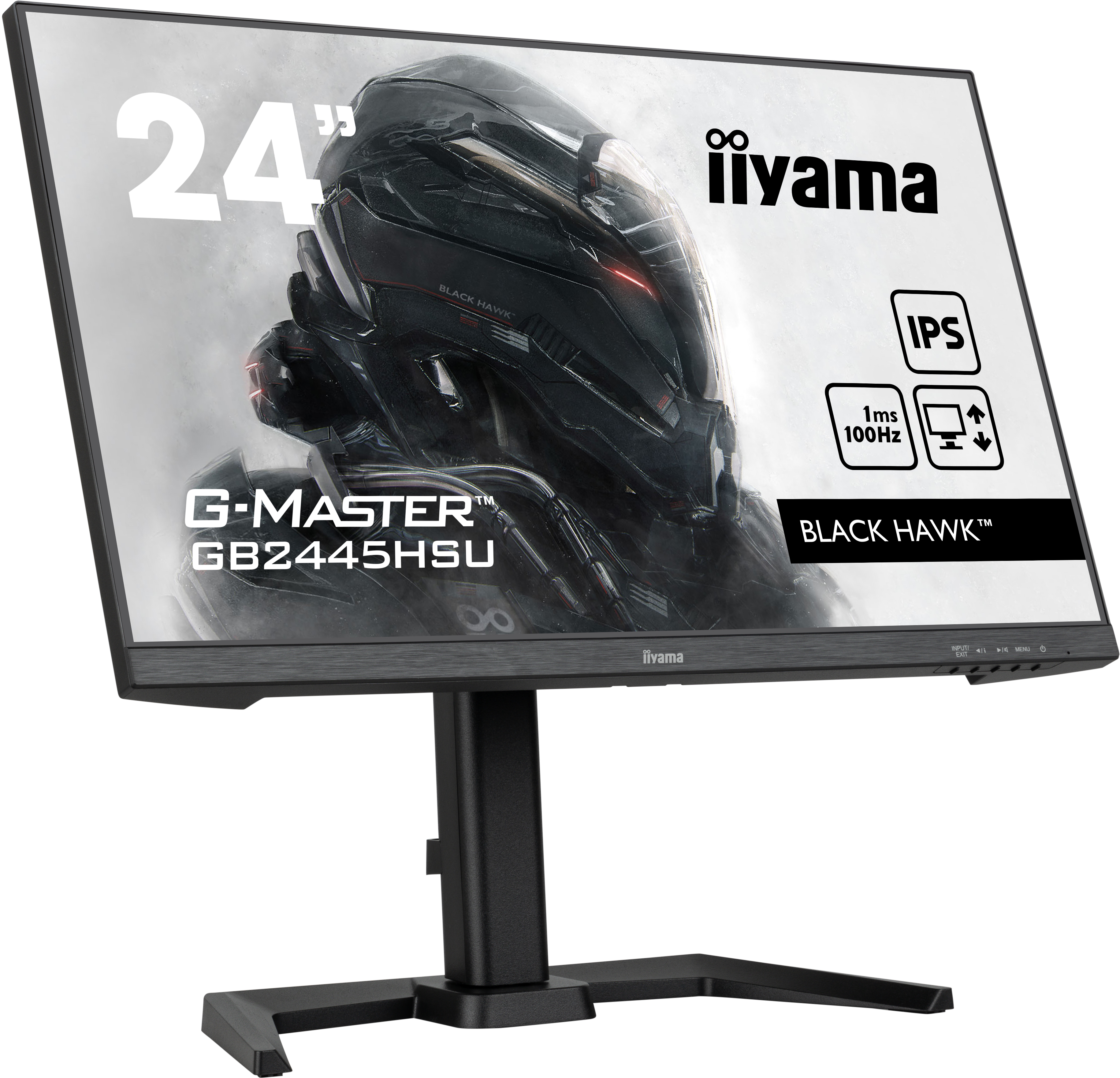 24-inch Iiyama monitor with text, black frame, and black stand, on white backdrop.