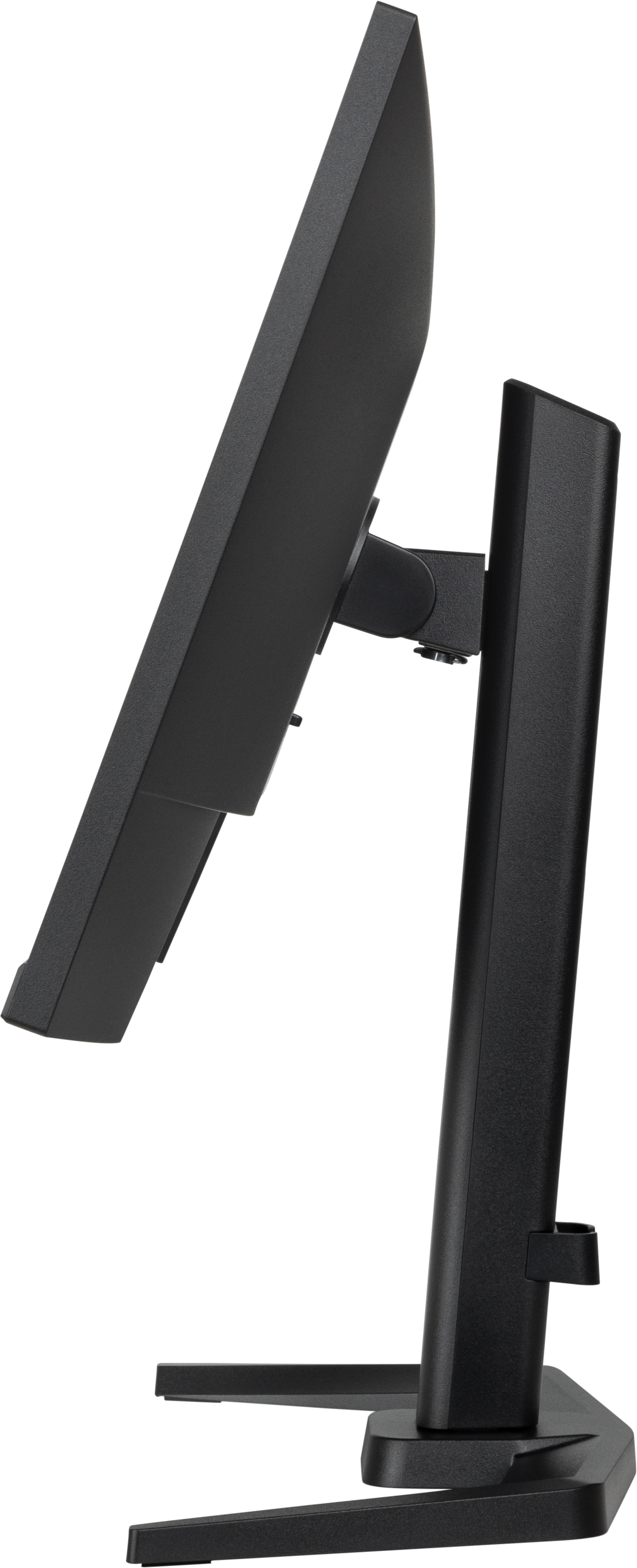 A side view of a black computer monitor. The screen is angled, and the stand is sturdy.