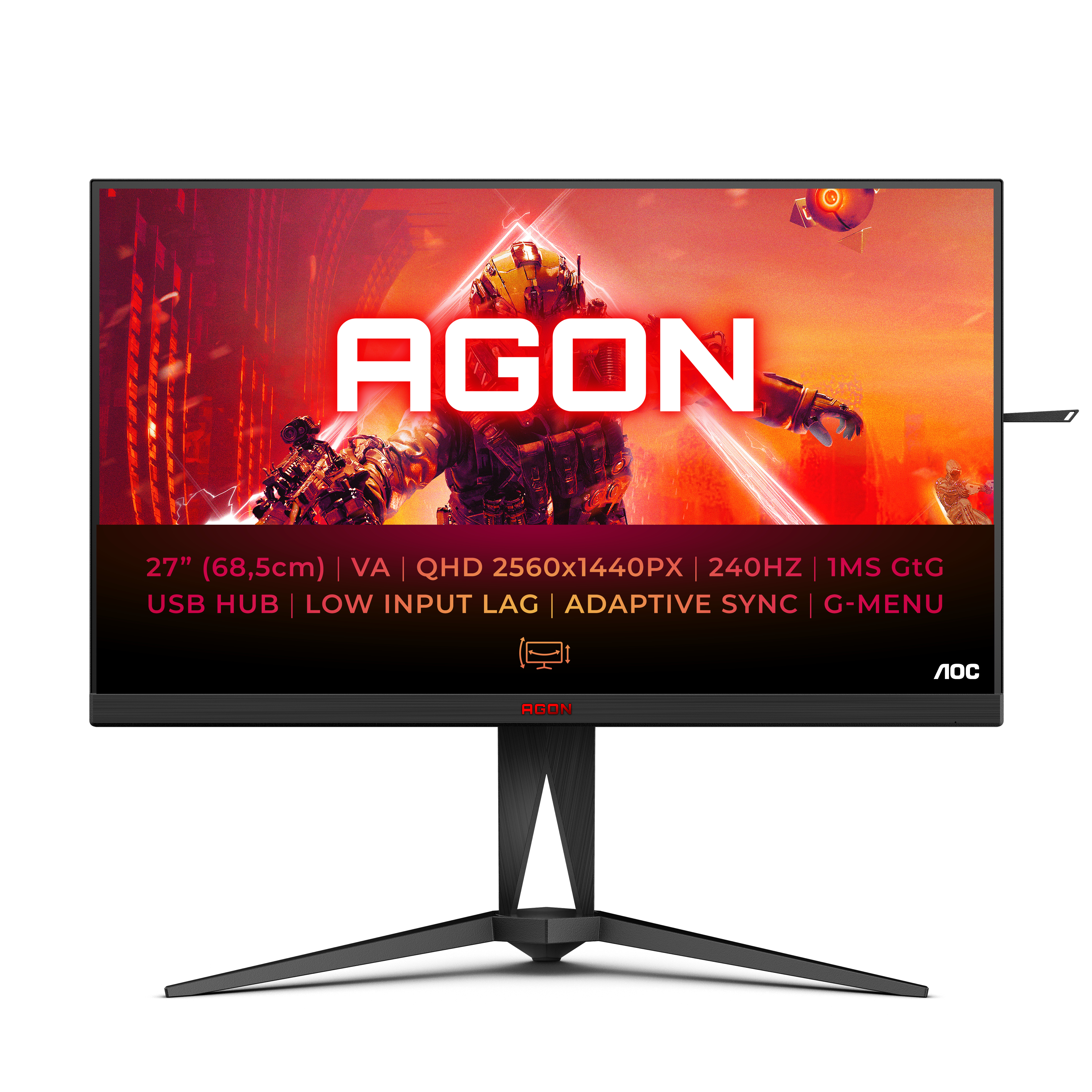 Zwarte monitor met het woord AGON op het display. Het heeft een standaard.