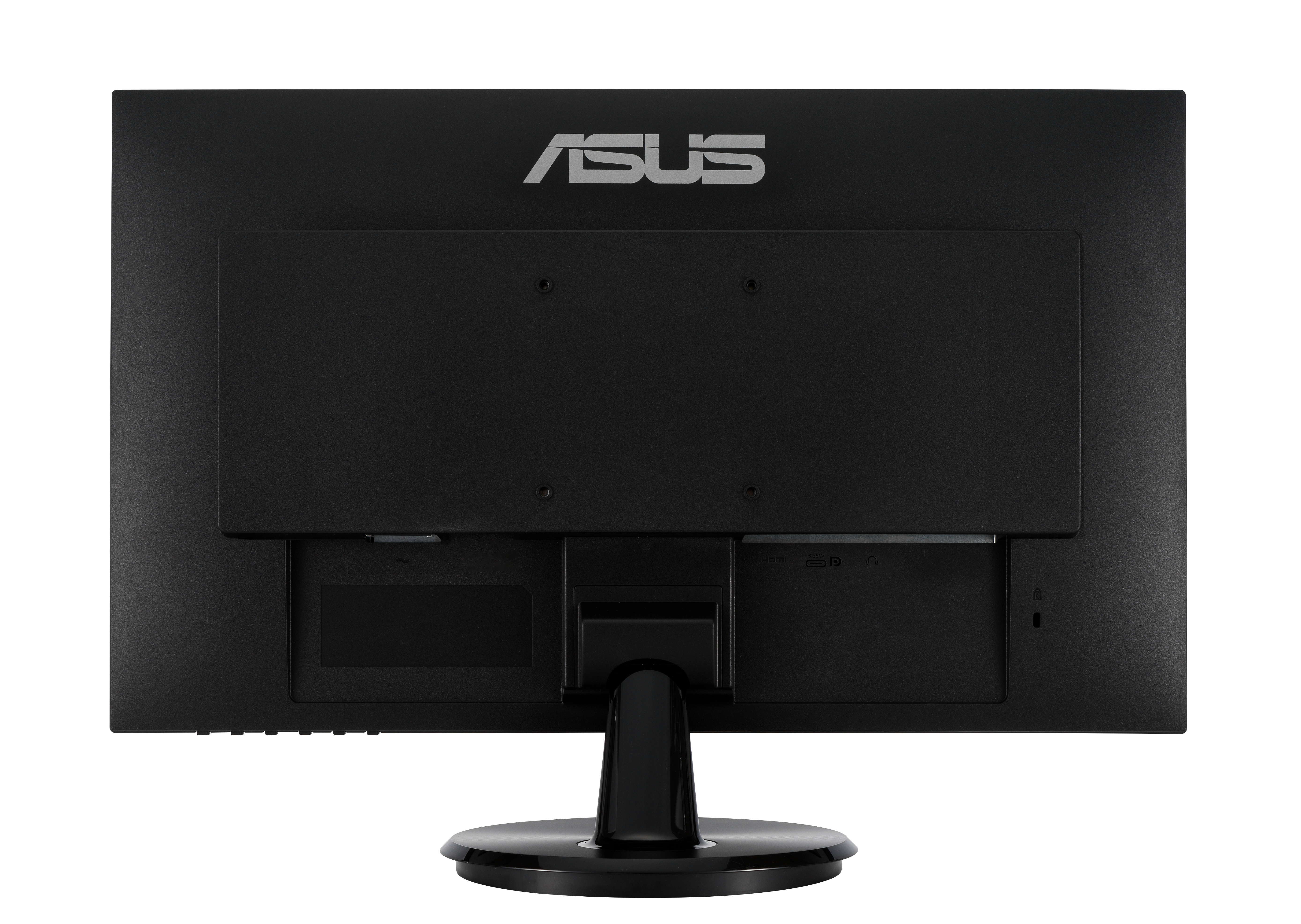 La parte trasera de un monitor ASUS sobre un fondo blanco. El monitor tiene un soporte y puertos.