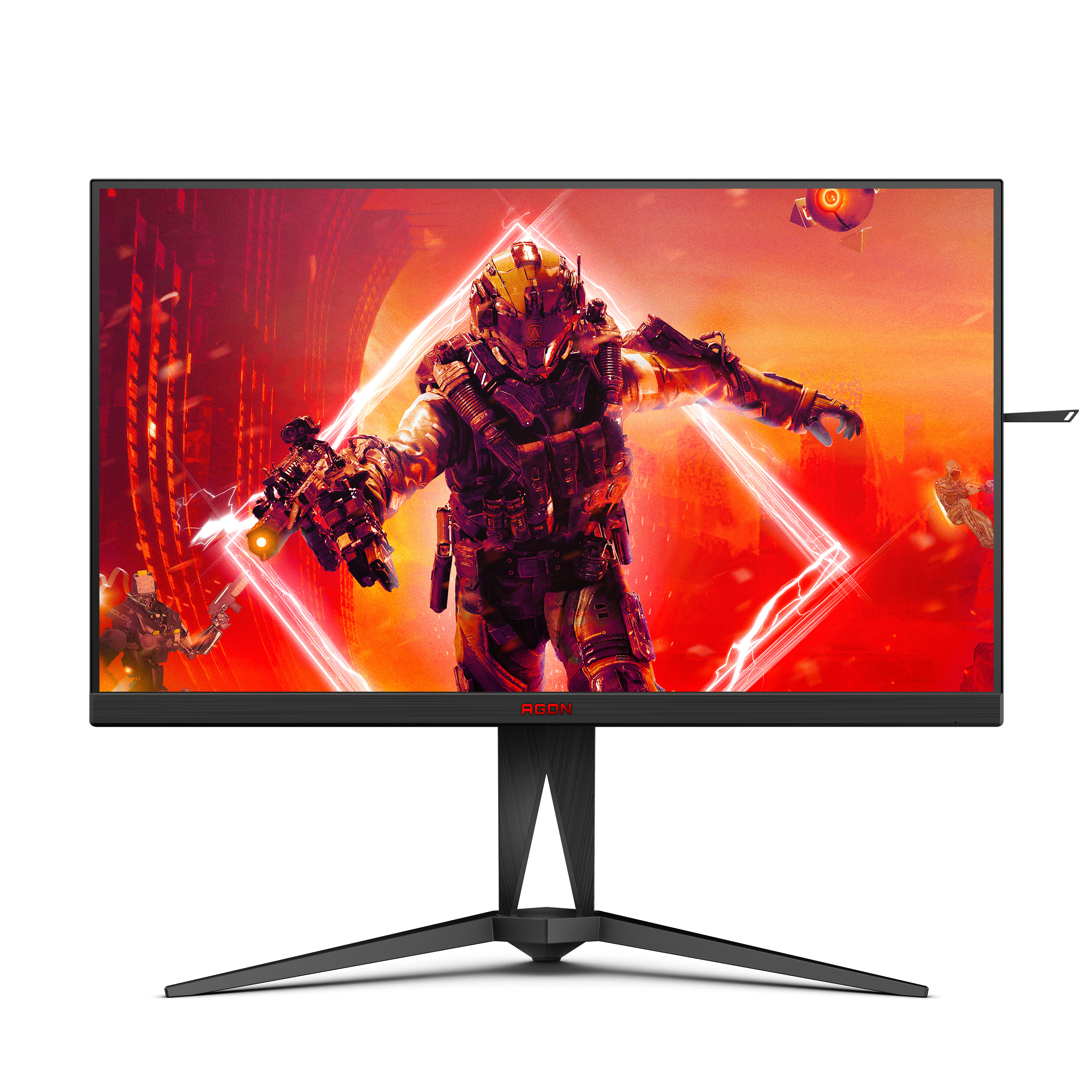 Gamingmonitor die een sciencefiction-scène van een soldaat toont.