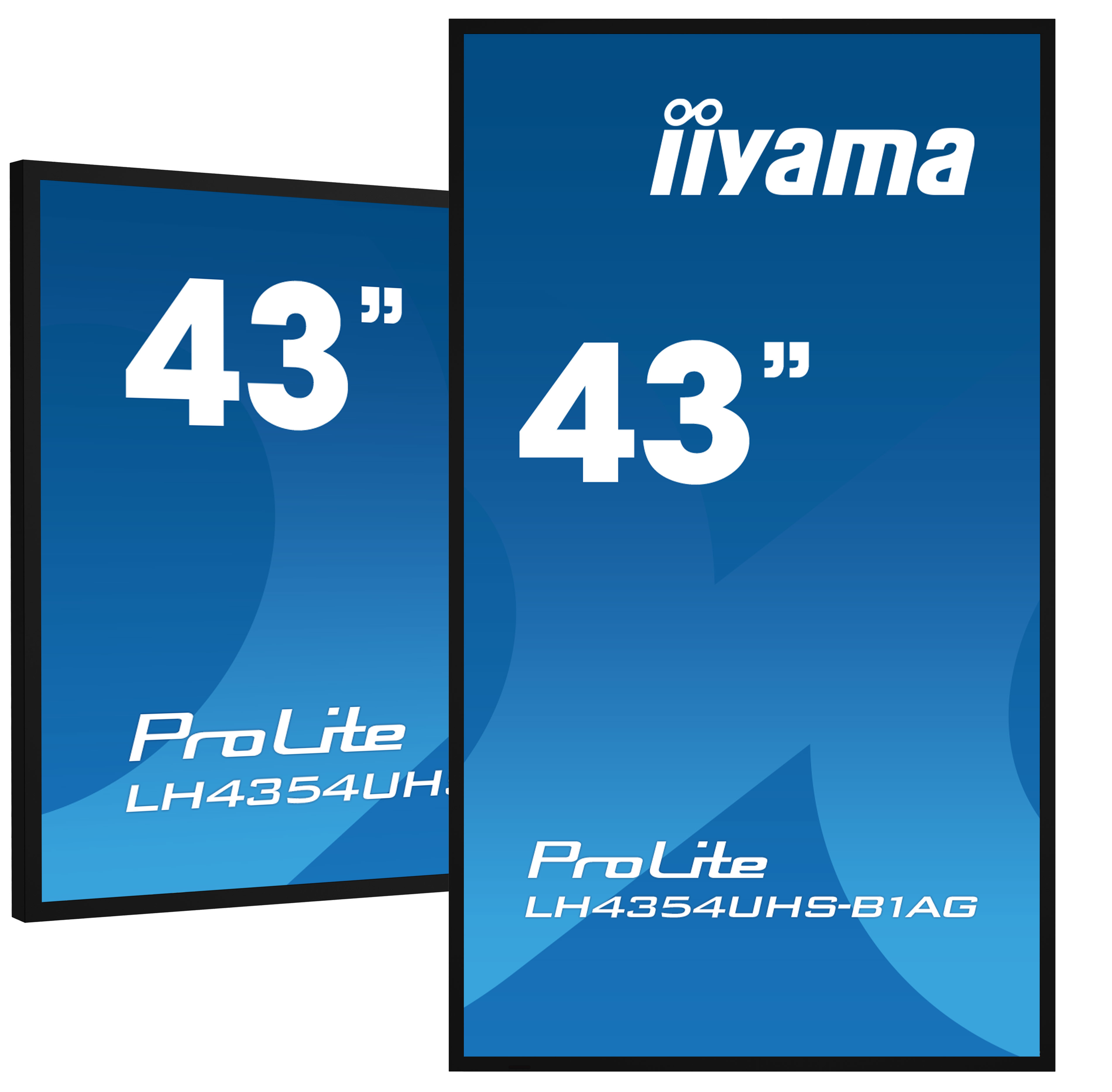 Zwei 43" ProLite Displays nebeneinander mit blauem Hintergrund.