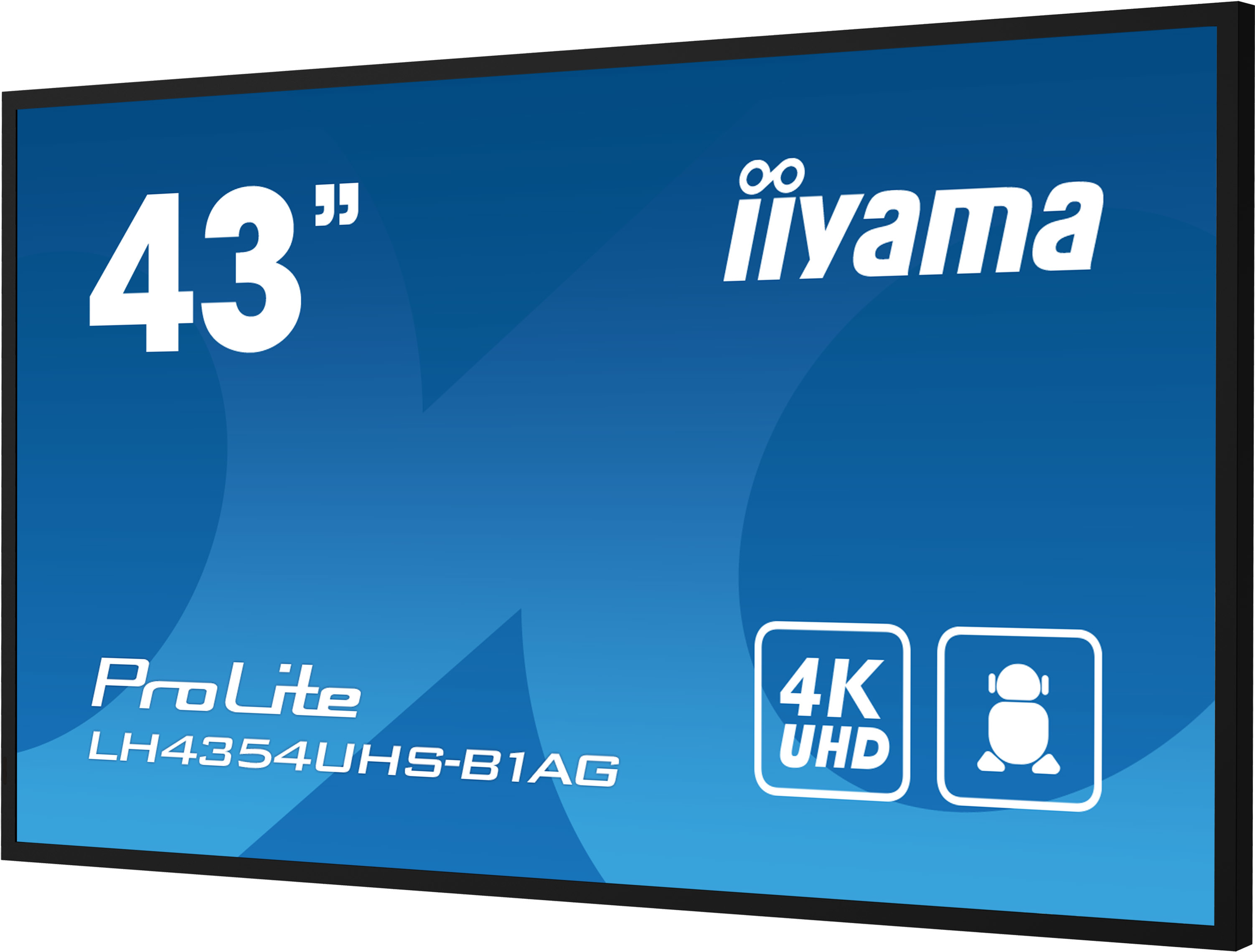 43" iiYama ProLite Monitor, schwarzer Rahmen, blauer Hintergrund mit weißem Text und Logos.