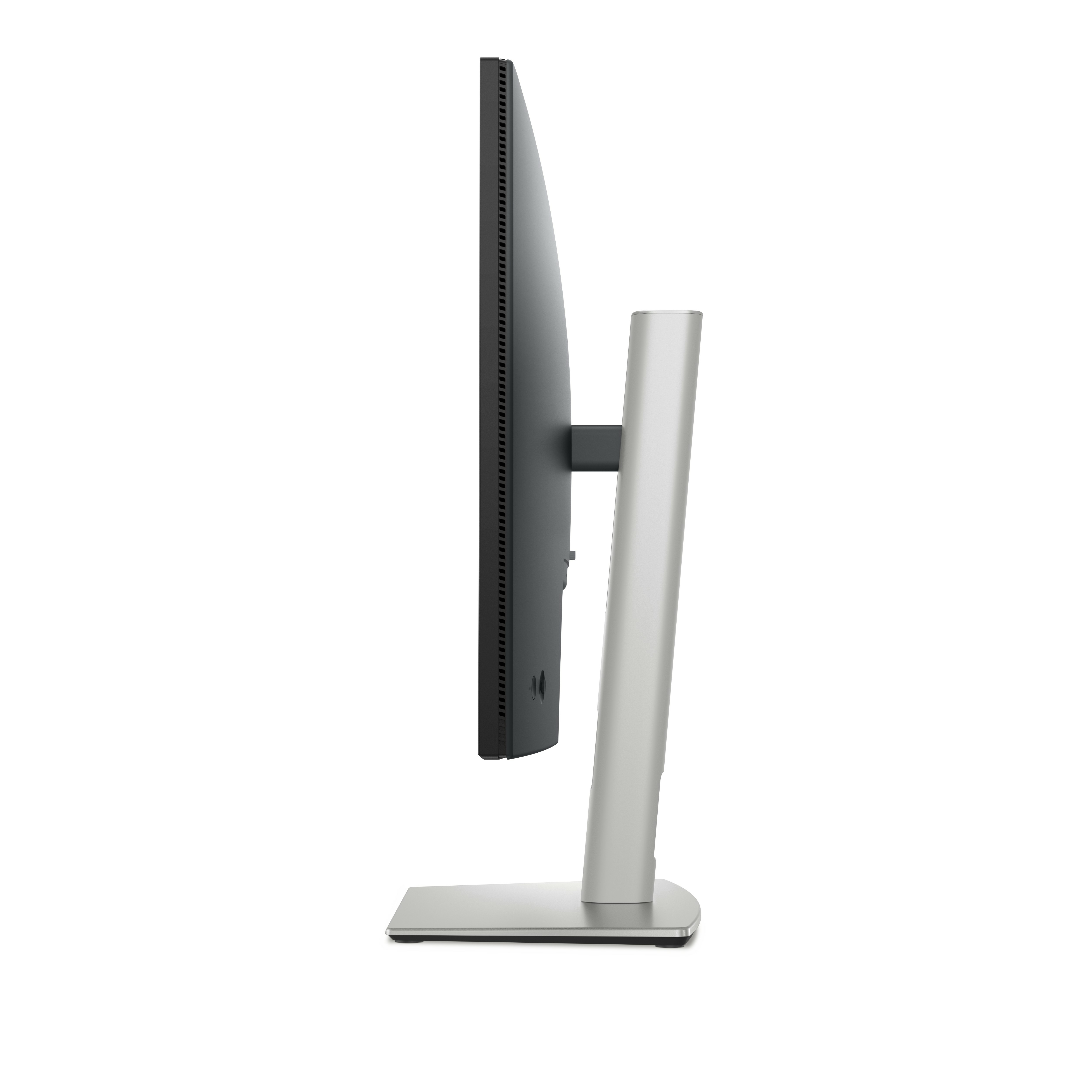 Widok z boku srebrnego i czarnego monitora komputera, pokazujący ekran i podstawę.