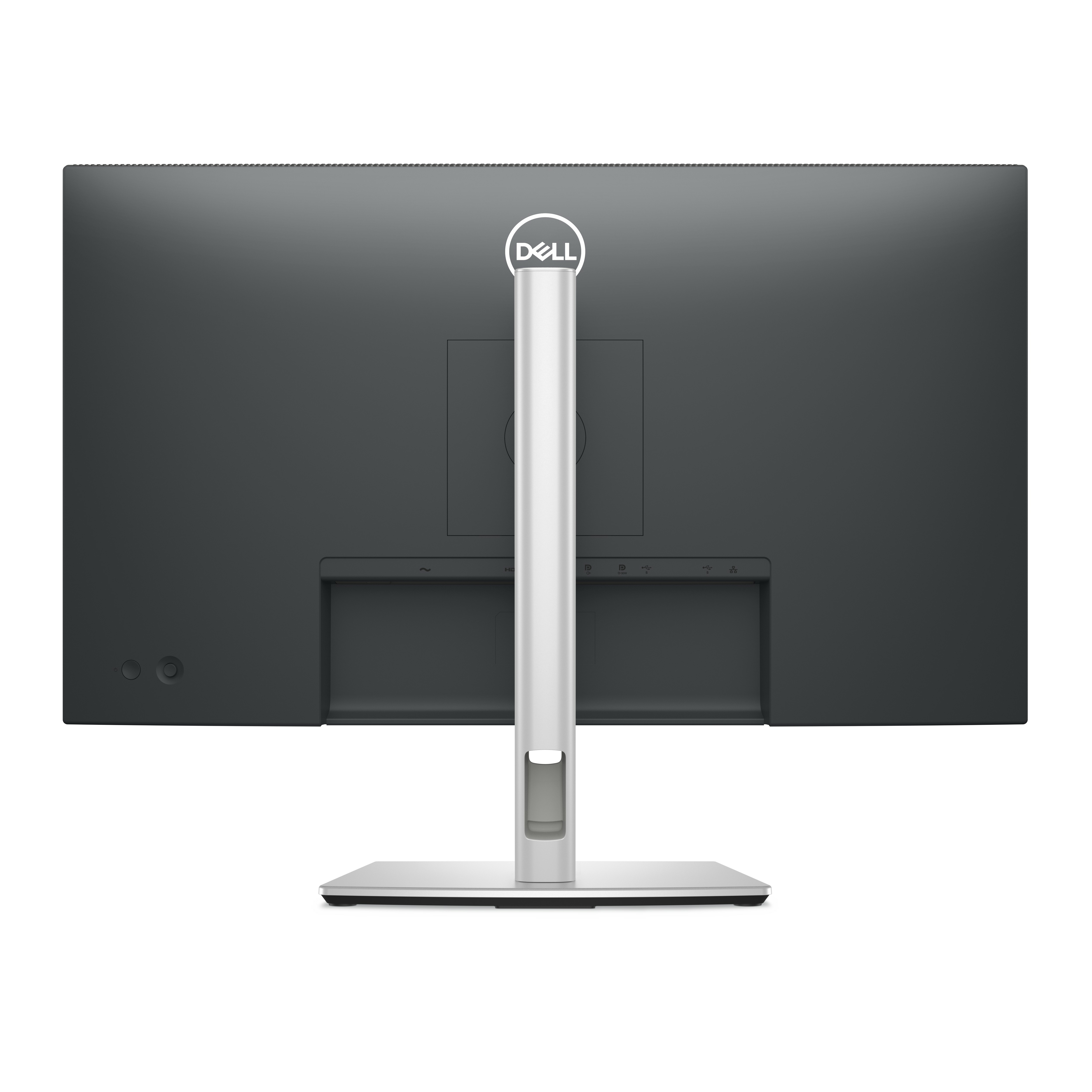 De achterkant van een Dell monitor met een zilveren standaard. Het Dell-logo is zichtbaar.