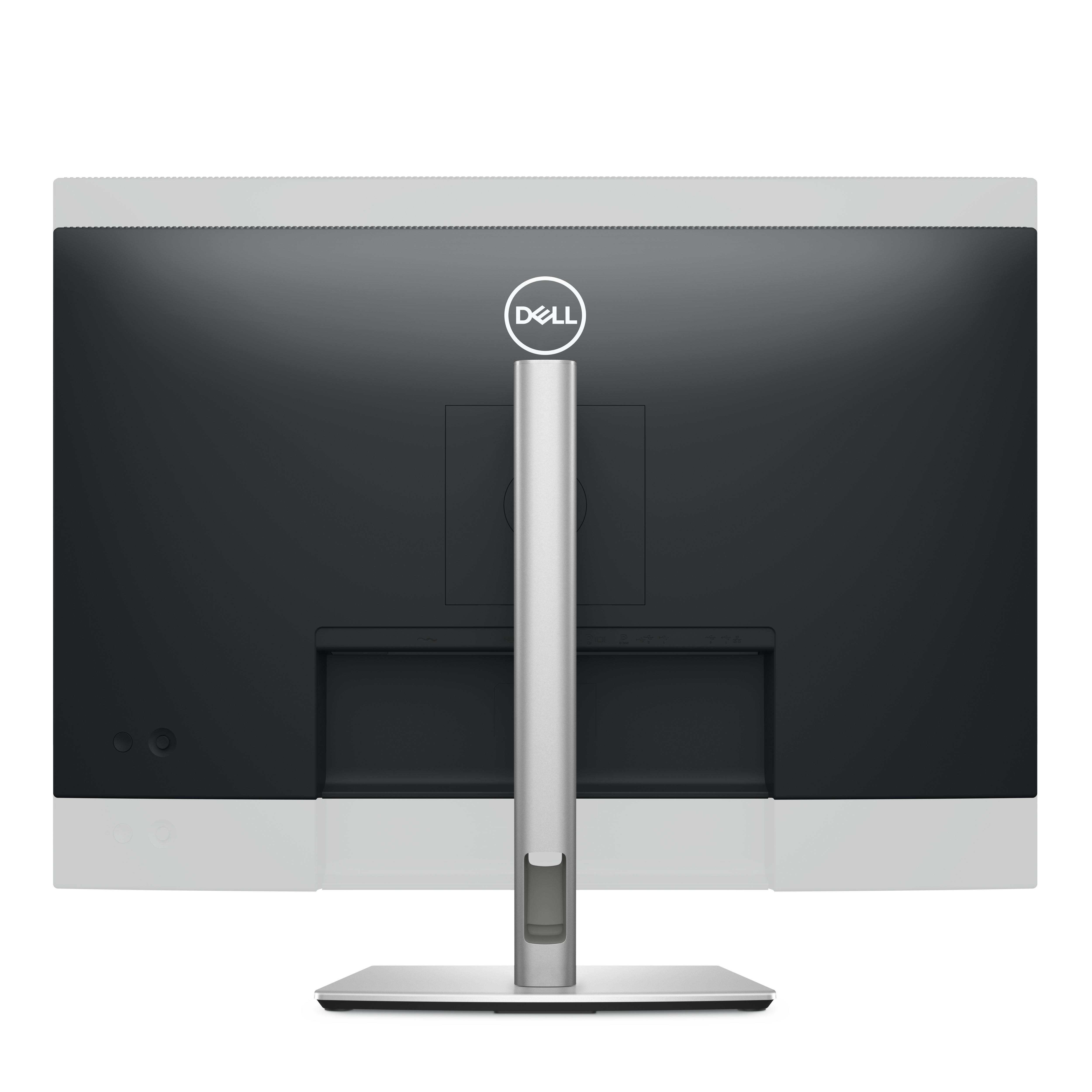 Achteraanzicht van een witte en grijze Dell-monitor. Het Dell-logo is zichtbaar.