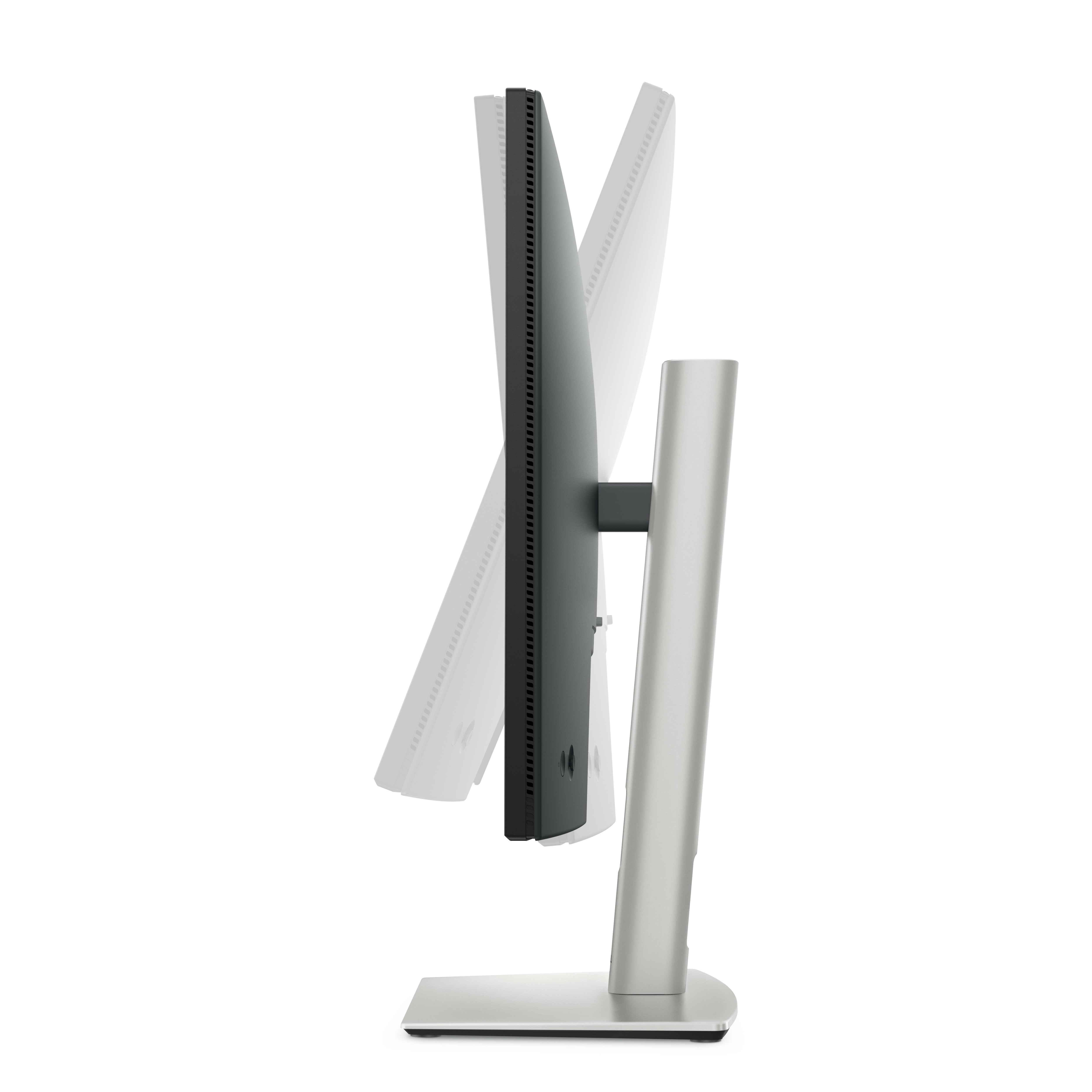 Widok z boku monitora komputera, pod kątem, na stojaku. Ekran jest czarny, z czarną ramką.