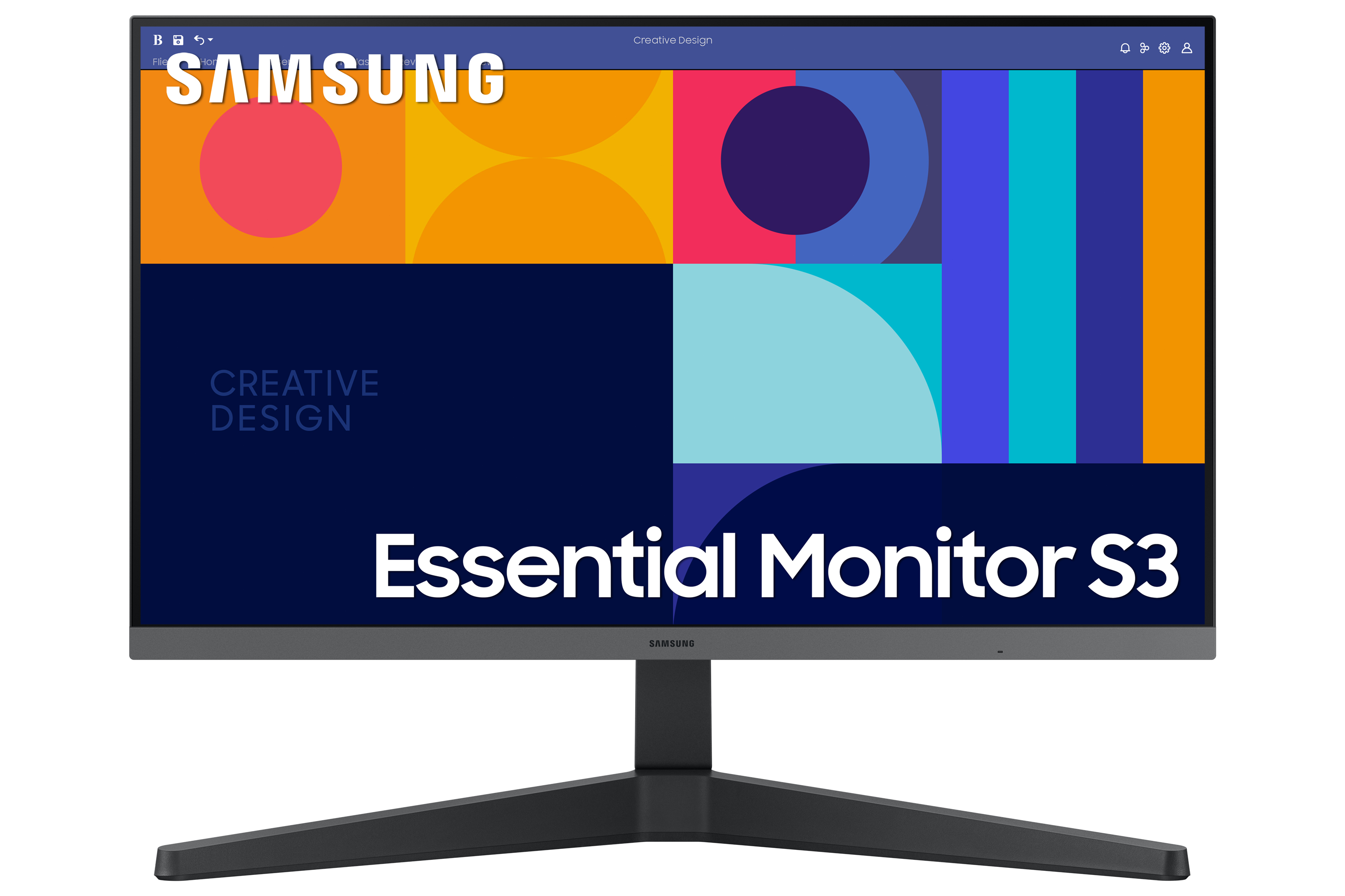 Czarny monitor Samsung wyświetlający kolorowy design z tekstem "Essential Monitor S3".