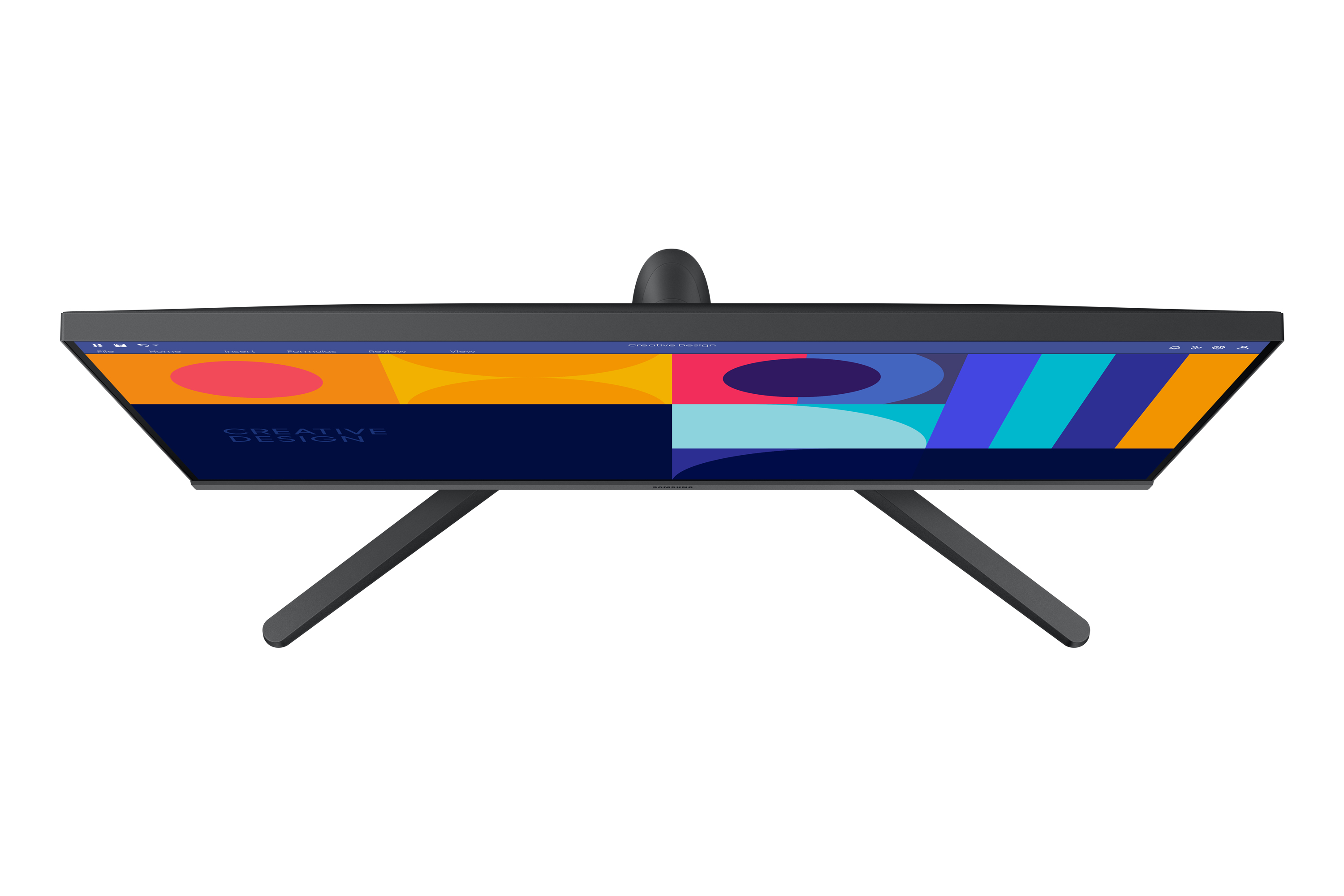 Widok z góry na czarny monitor z cienkimi ramkami i podstawą. Ekran wyświetla kolorowy design.