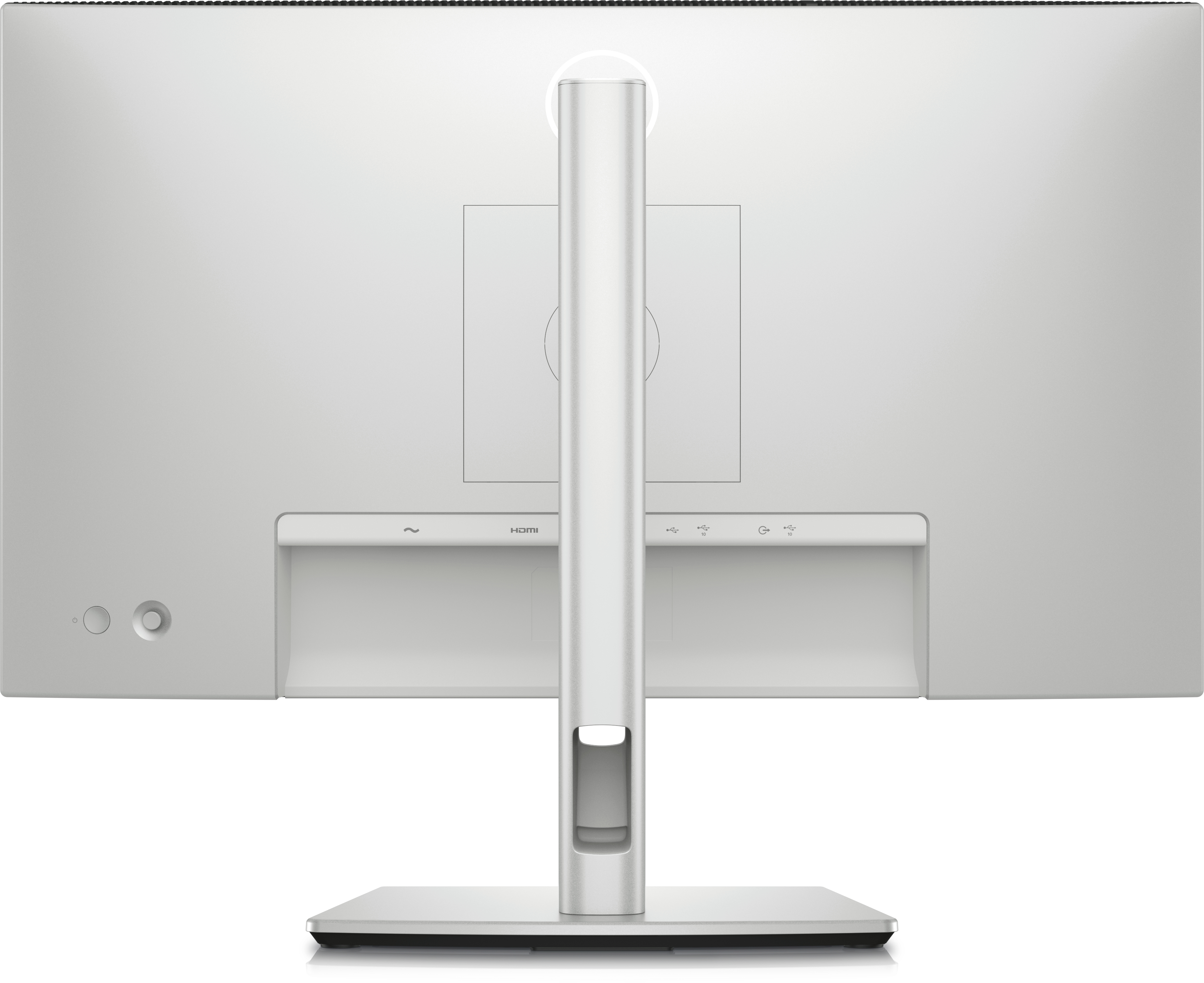 Back view of a silver computer monitor with ports. The stand is attached.
