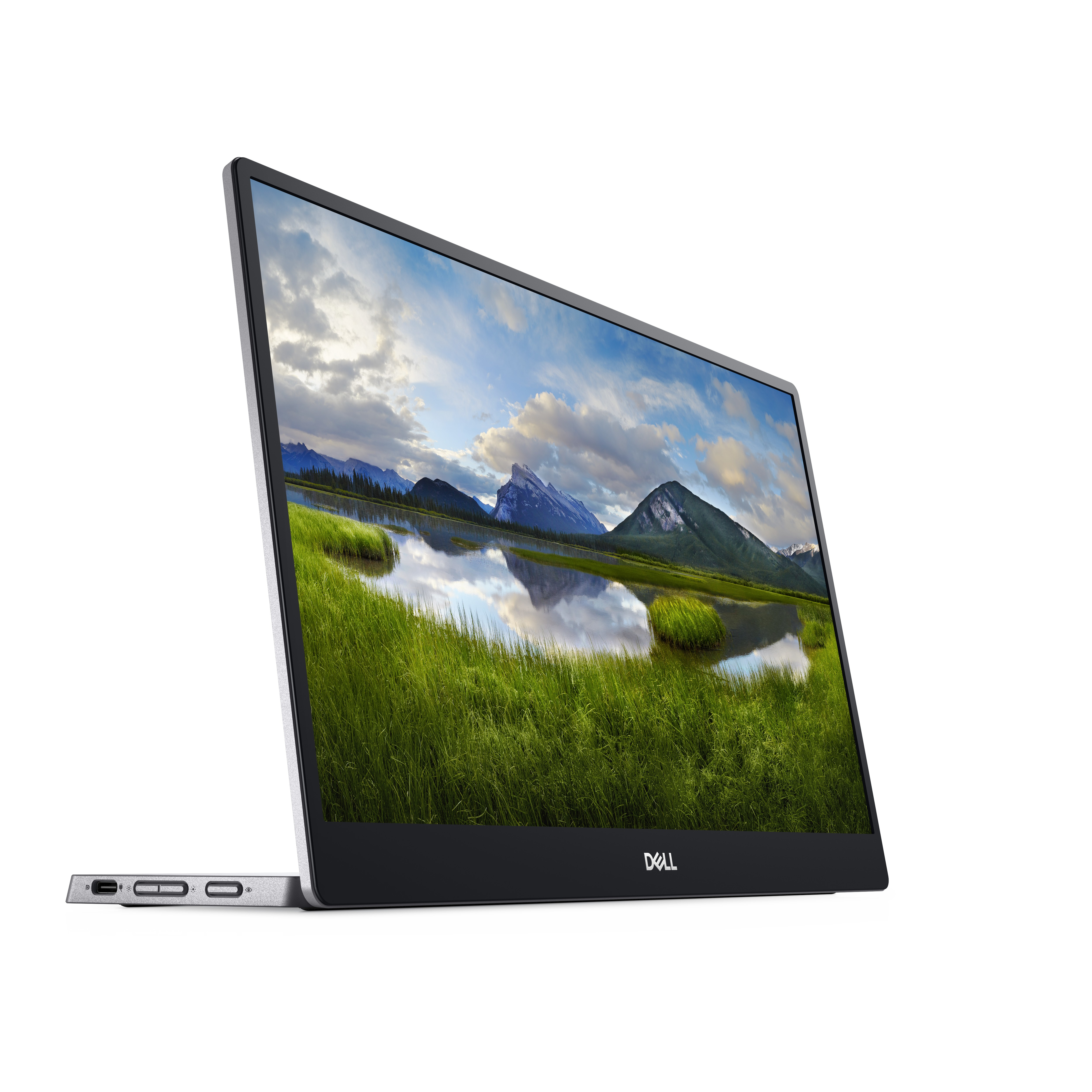 Un monitor con un paisaje en la pantalla. El monitor tiene un marco plateado.