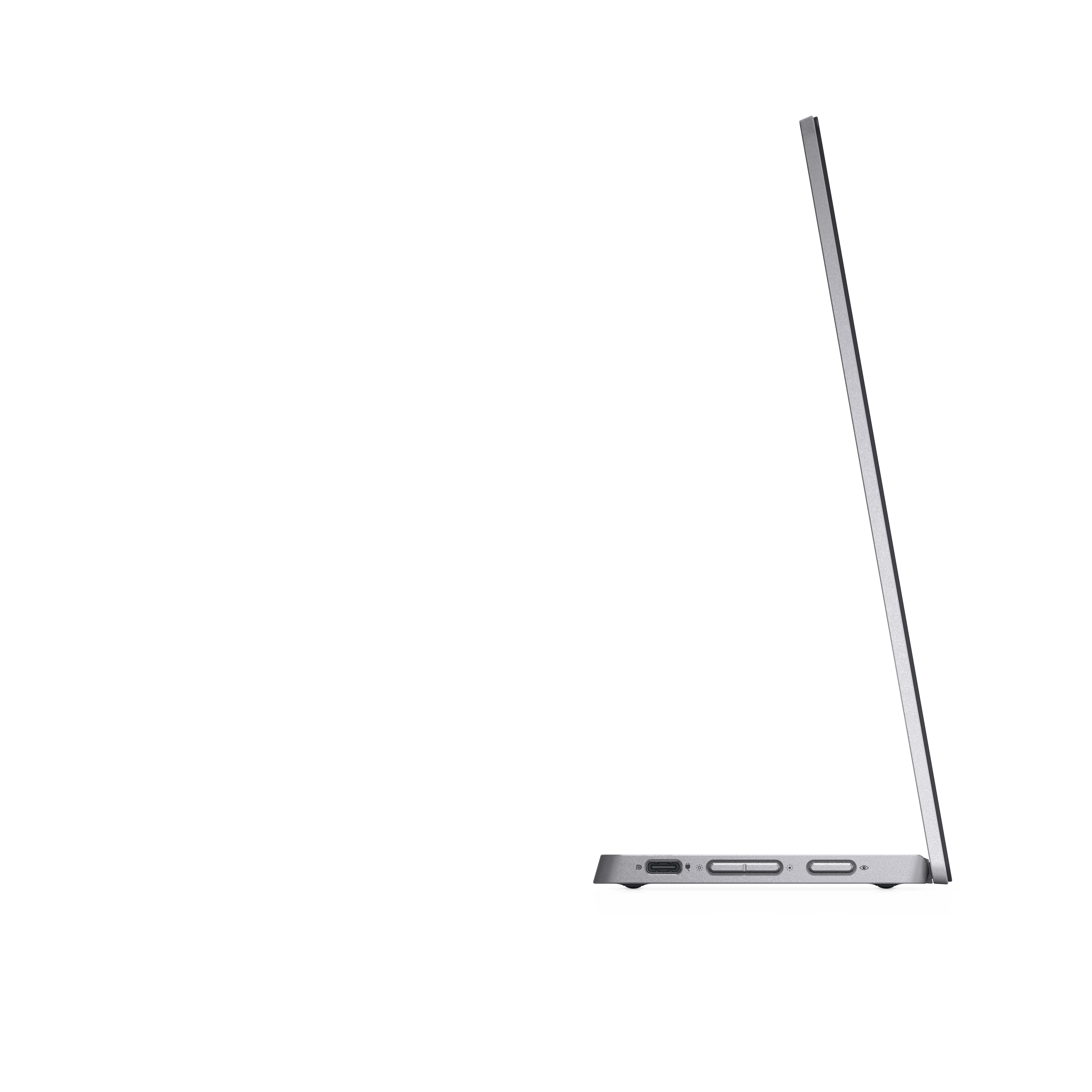 Vista lateral de una laptop plateada, mostrando su perfil delgado y la pantalla abierta.