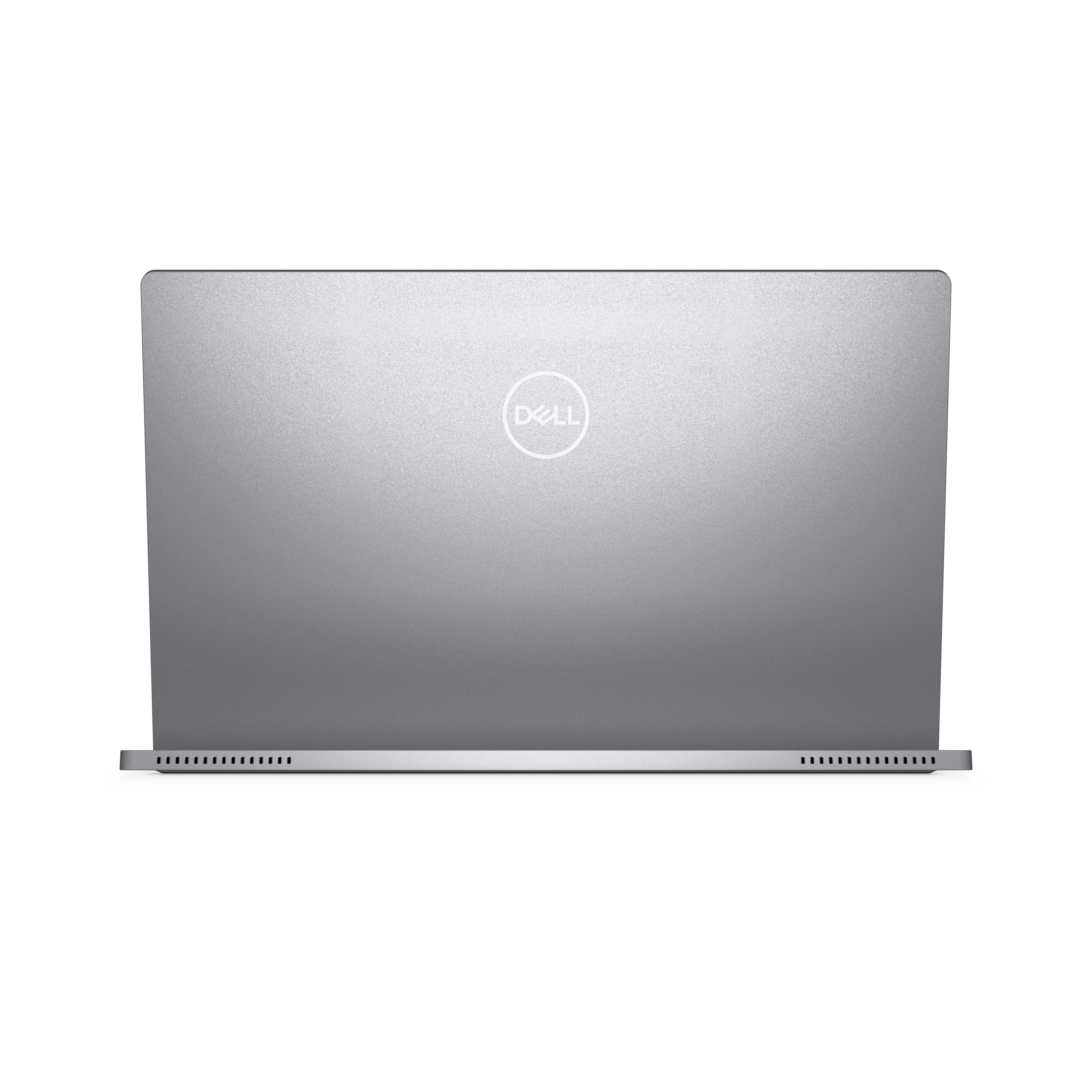 Parte trasera de un portátil plateado con logotipo de Dell, sobre superficie blanca.