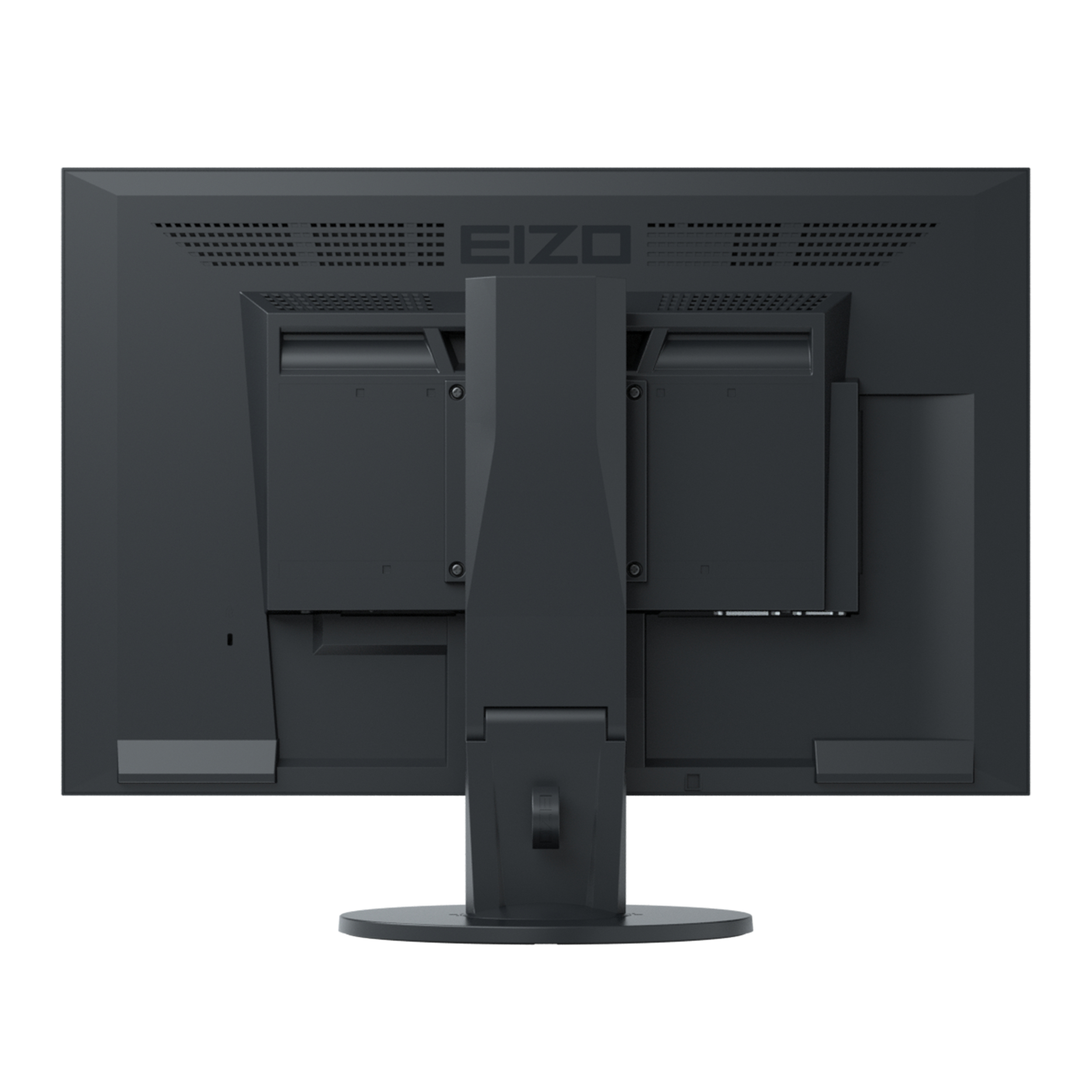 Rückseite eines schwarzen Monitors. Das Eizo-Logo ist sichtbar. Der Monitor hat einen Ständer und mehrere Anschlüsse.