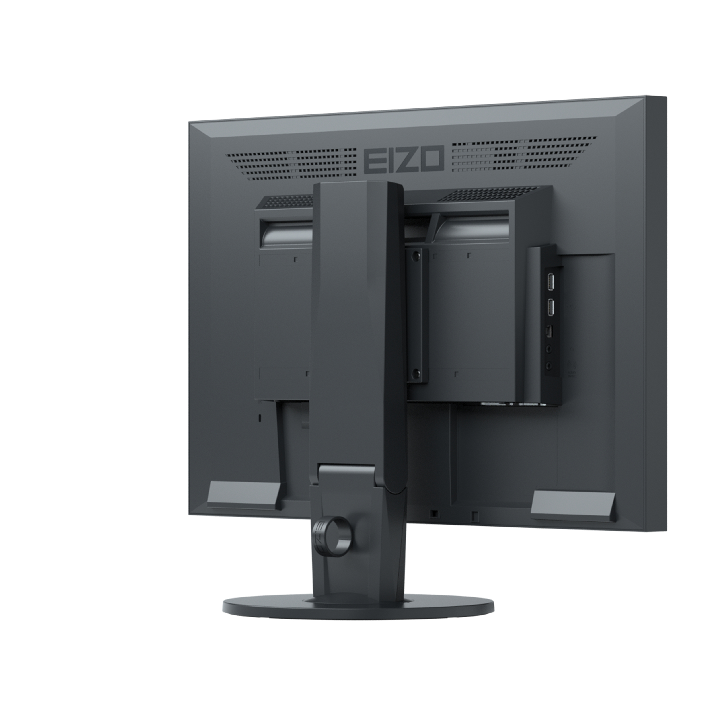 Die Rückseite eines schwarzen Computermonitors mit Anschlüssen und Ständer, weißer Hintergrund.